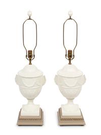 Three Regency Style White Glazed Stoneware Urns Mounted as Lamps