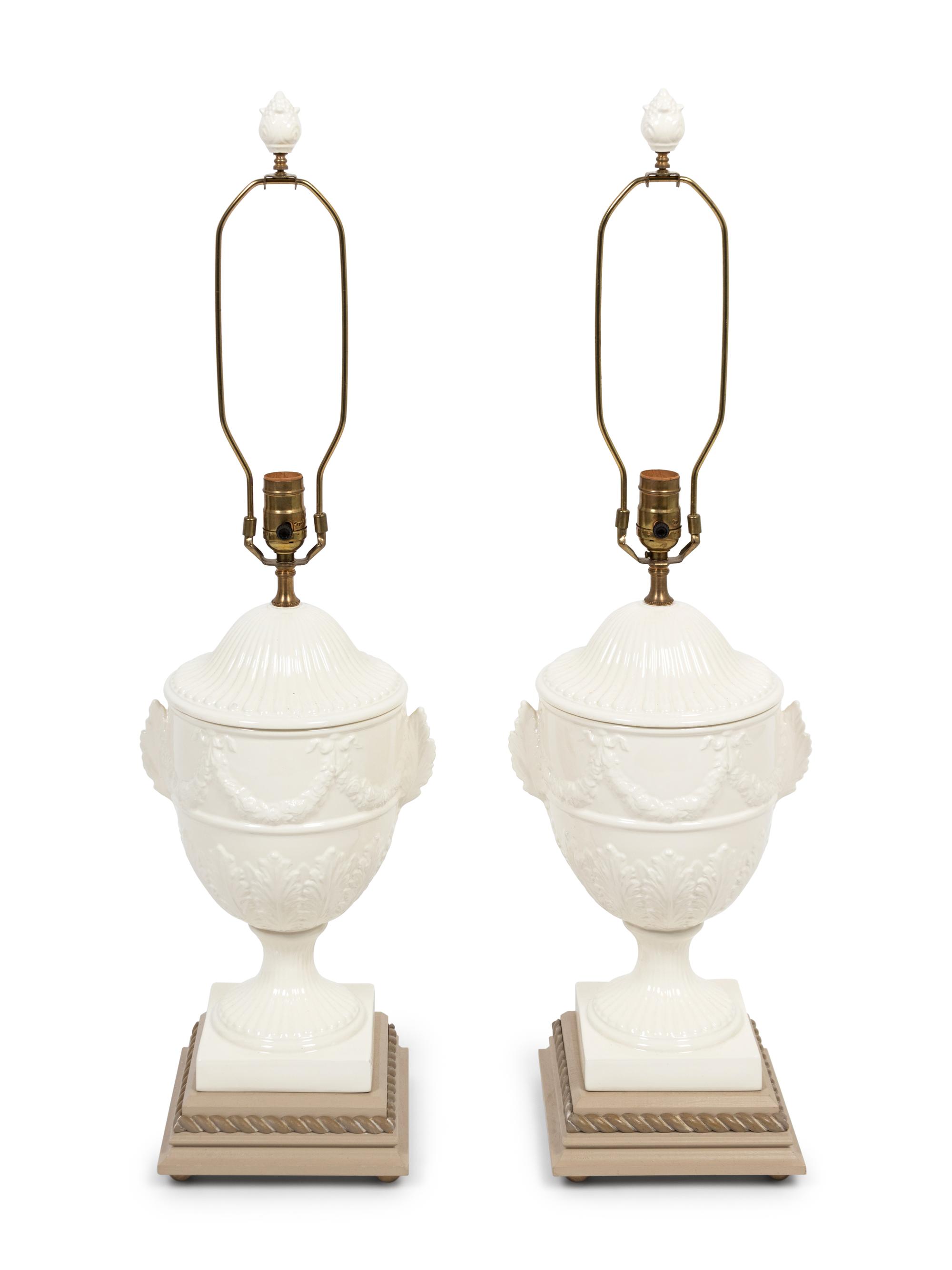 Three Regency Style White Glazed Stoneware Urns Mounted as Lamps