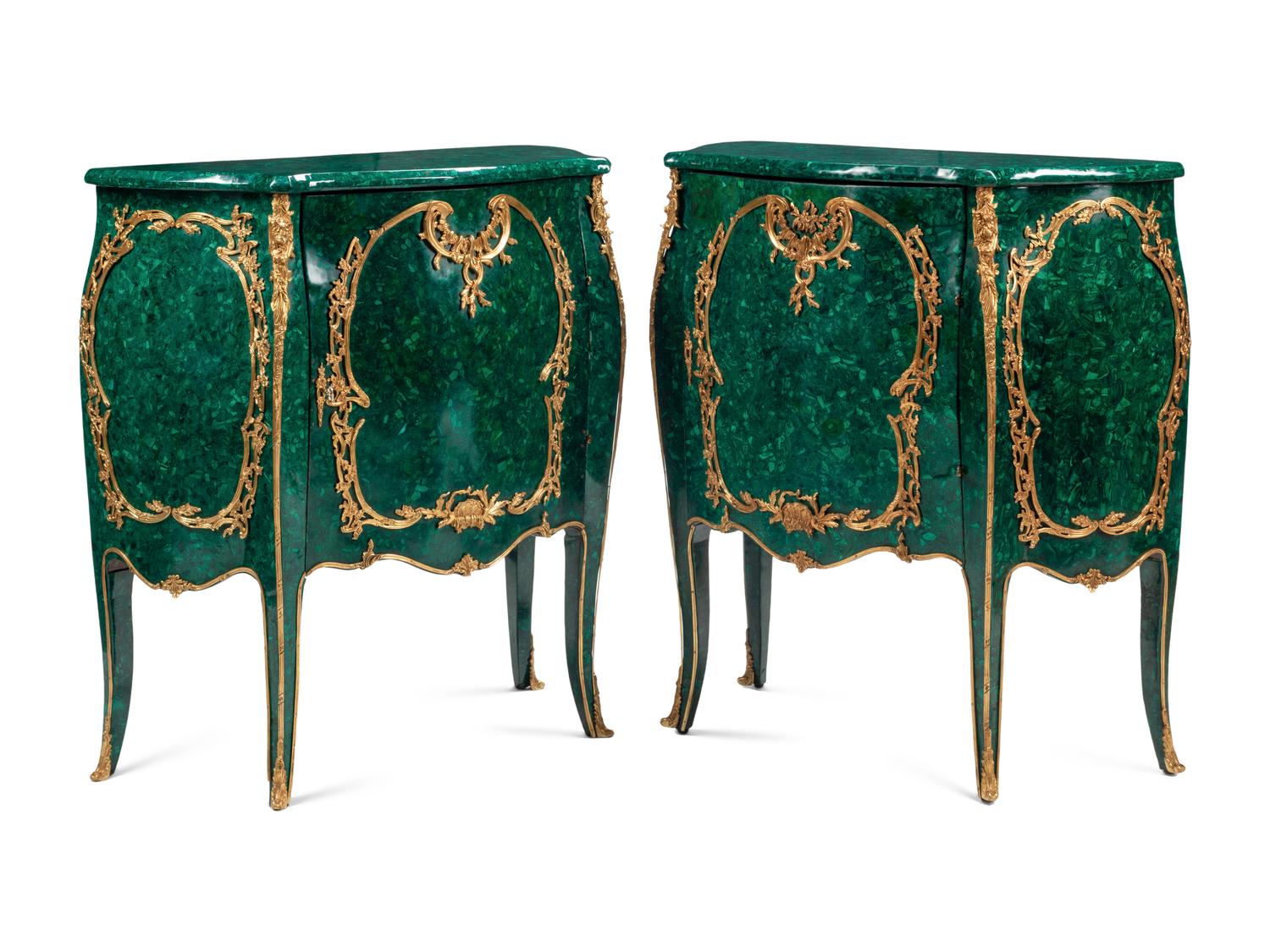 A Pair of Louis XV Style Gilt Bronze Mounted Malachite Cabinets