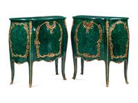 A Pair of Louis XV Style Gilt Bronze Mounted Malachite Cabinets