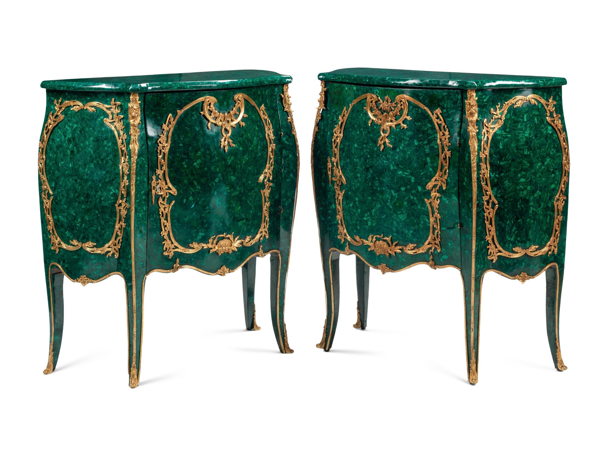 A Pair of Louis XV Style Gilt Bronze Mounted Malachite Cabinets