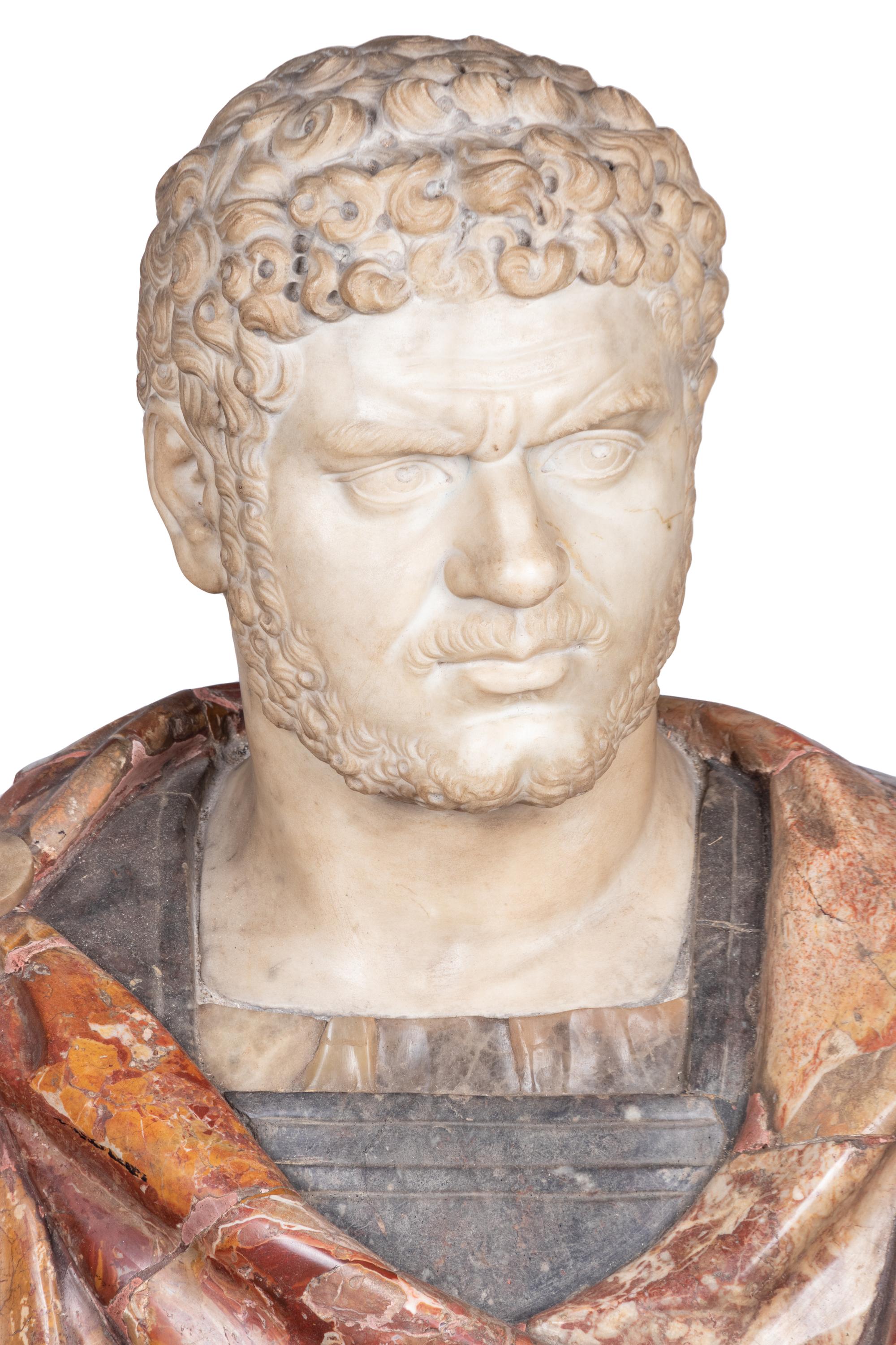 A Mixed Marble Portrait Bust of Caracalla with a Continental Marble Column