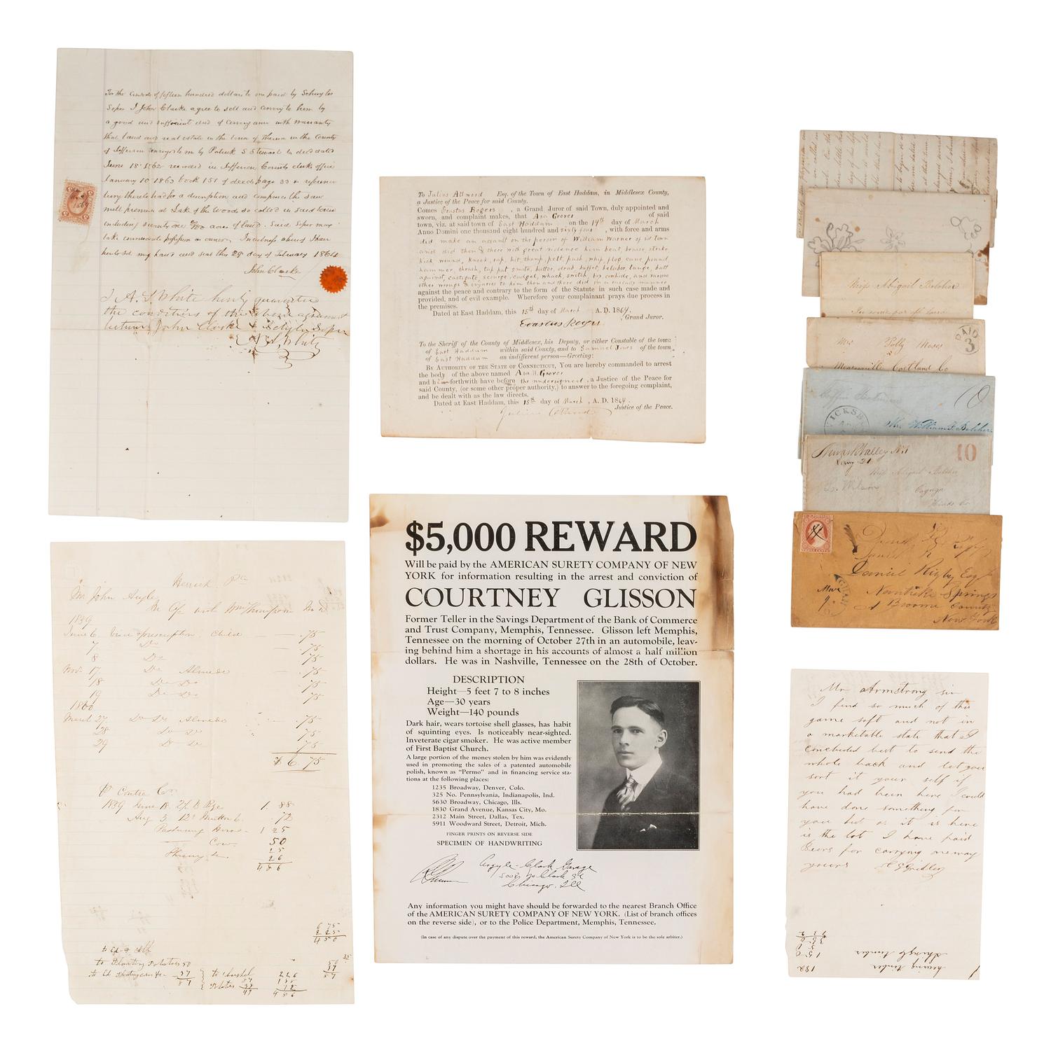 [AMERICANA]. Antebellum letters, First Day Covers, arrest warrant, rewards poster, and more.