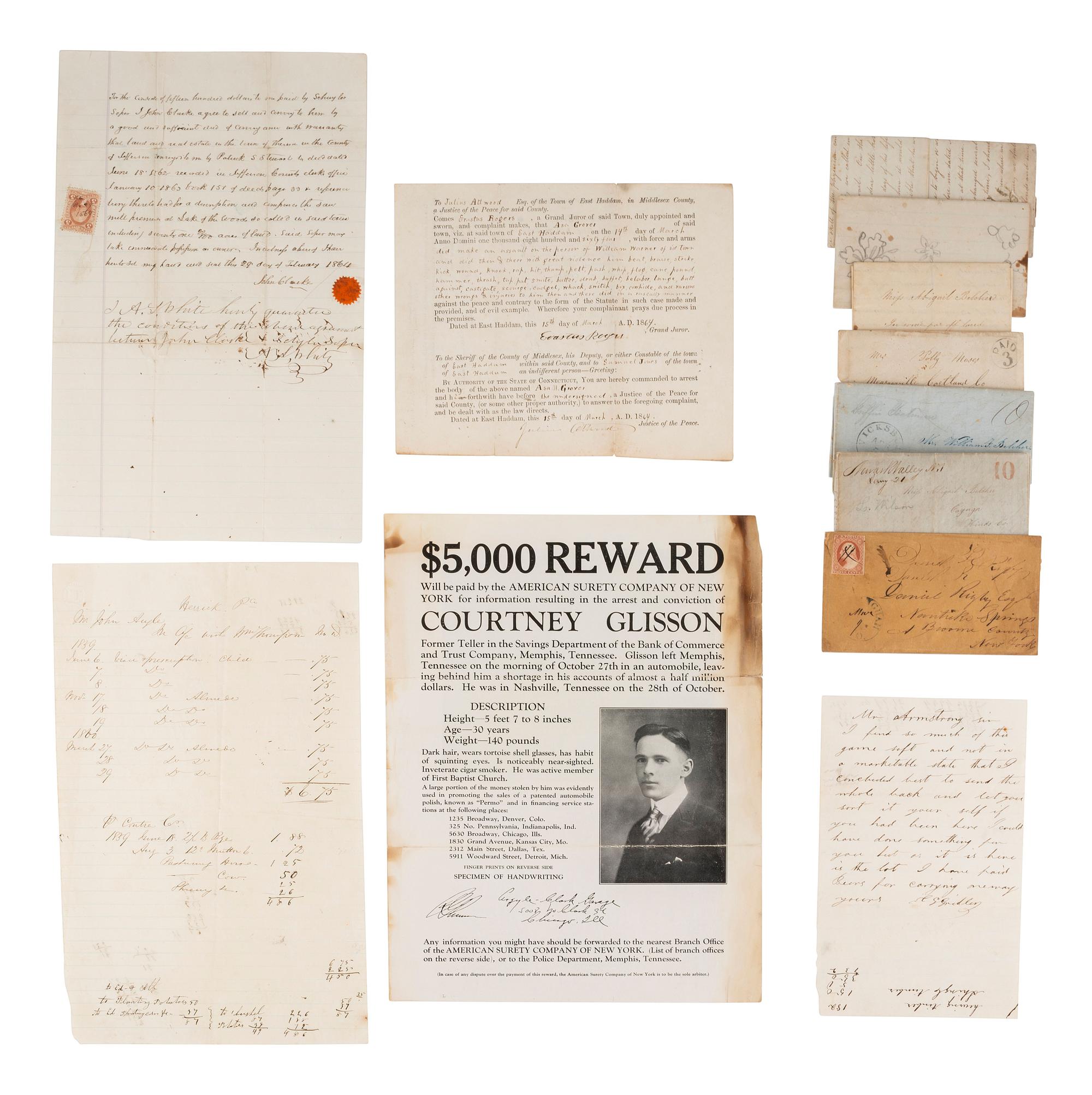 [AMERICANA]. Antebellum letters, First Day Covers, arrest warrant, rewards poster, and more.