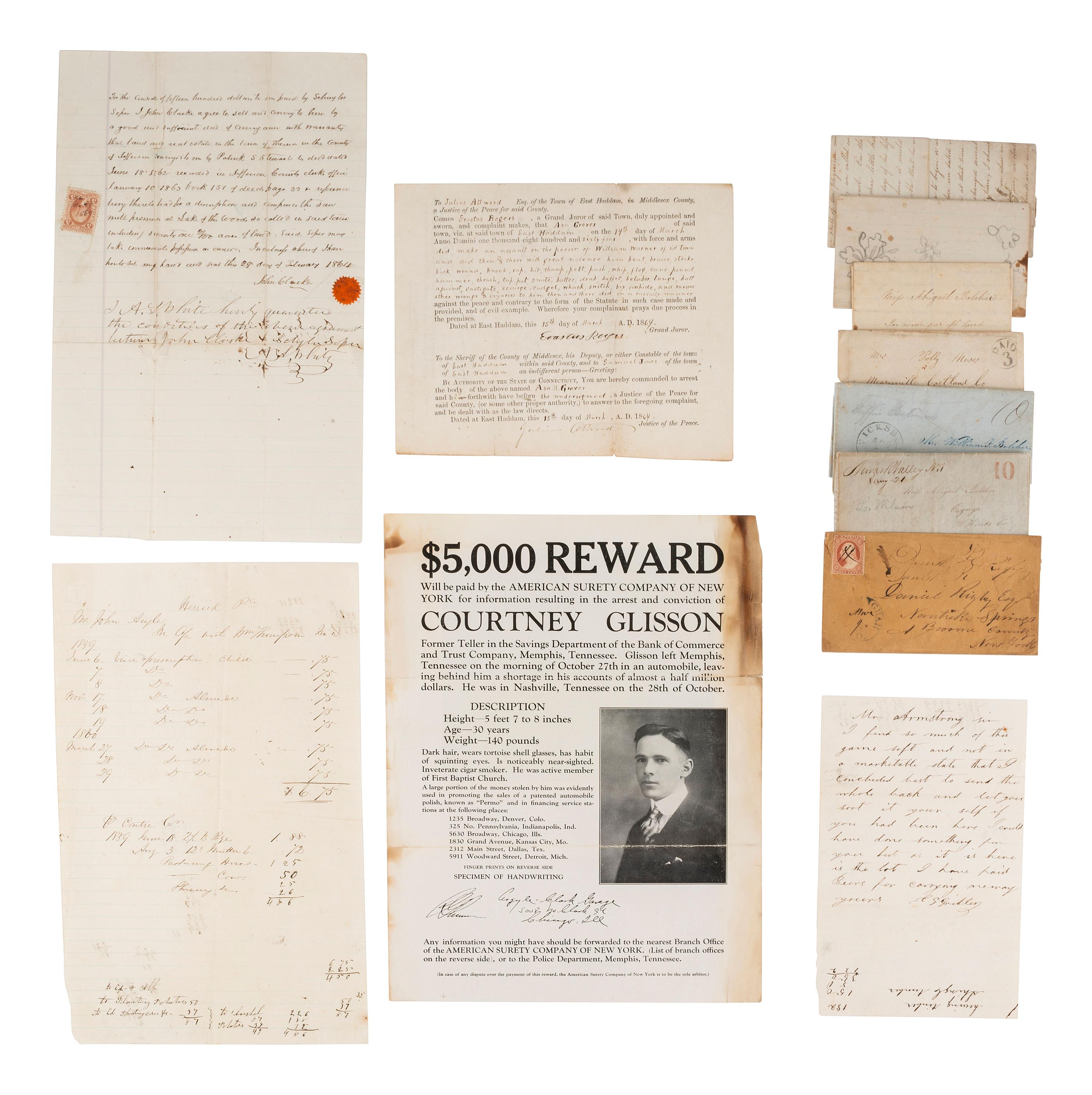 [AMERICANA]. Antebellum letters, First Day Covers, arrest warrant, rewards poster, and more.