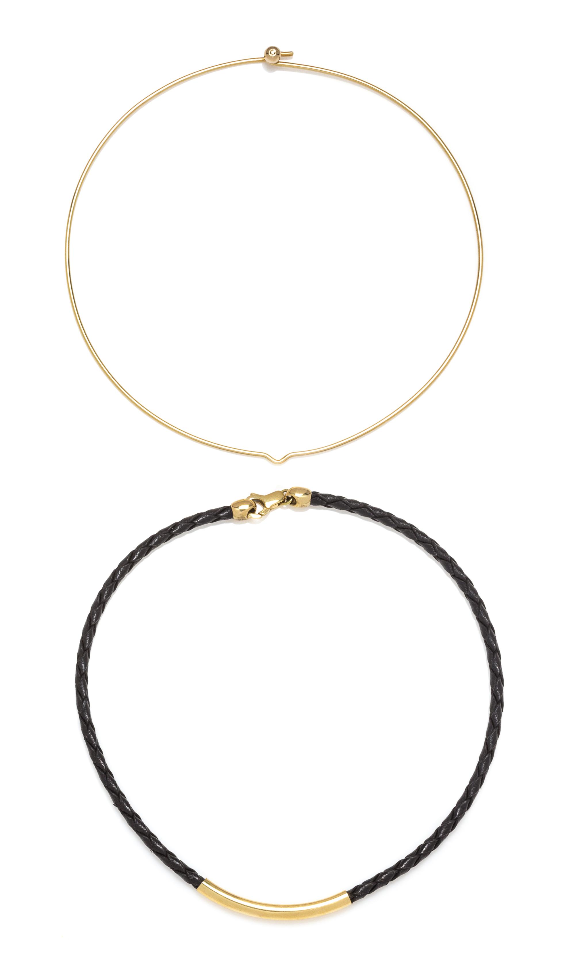 A Collection of 14 Karat Yellow Gold and Leather Collar Necklaces,