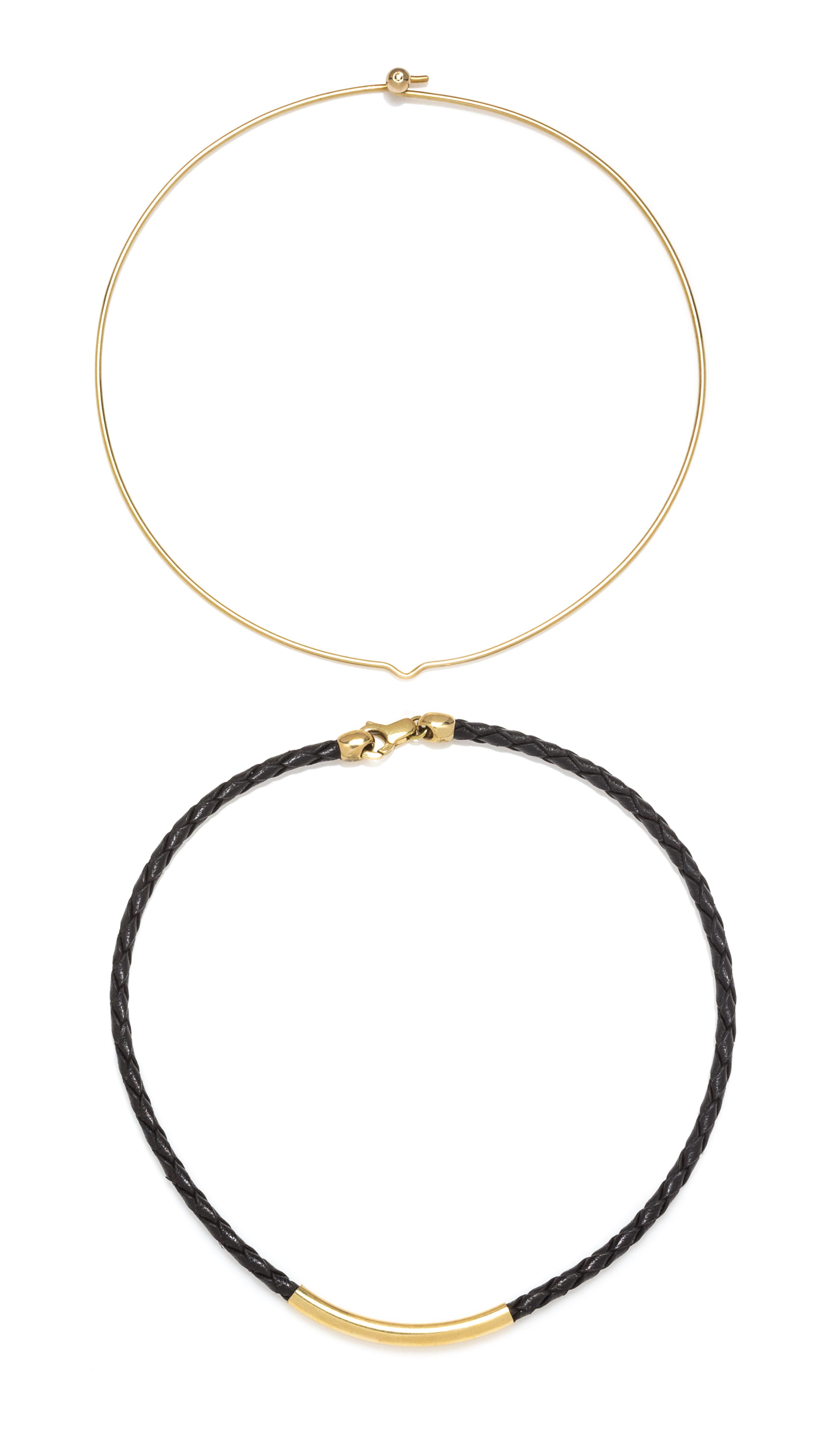 A Collection of 14 Karat Yellow Gold and Leather Collar Necklaces,