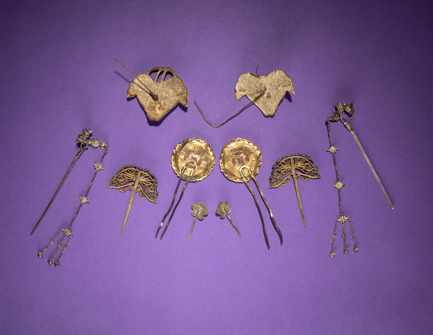 Five Pairs of Kingfisher Feather and Jadeite Embellished Hairpins