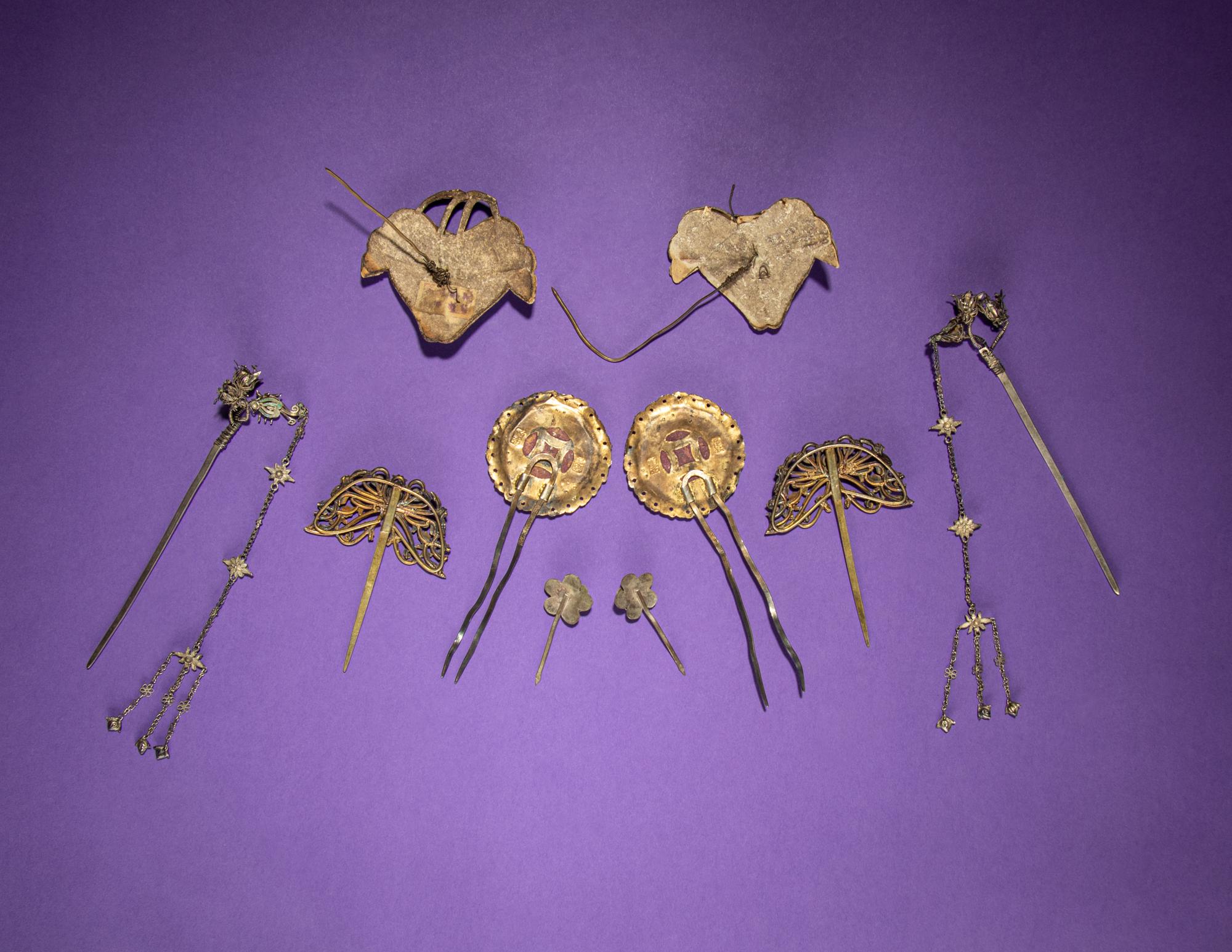 Five Pairs of Kingfisher Feather and Jadeite Embellished Hairpins