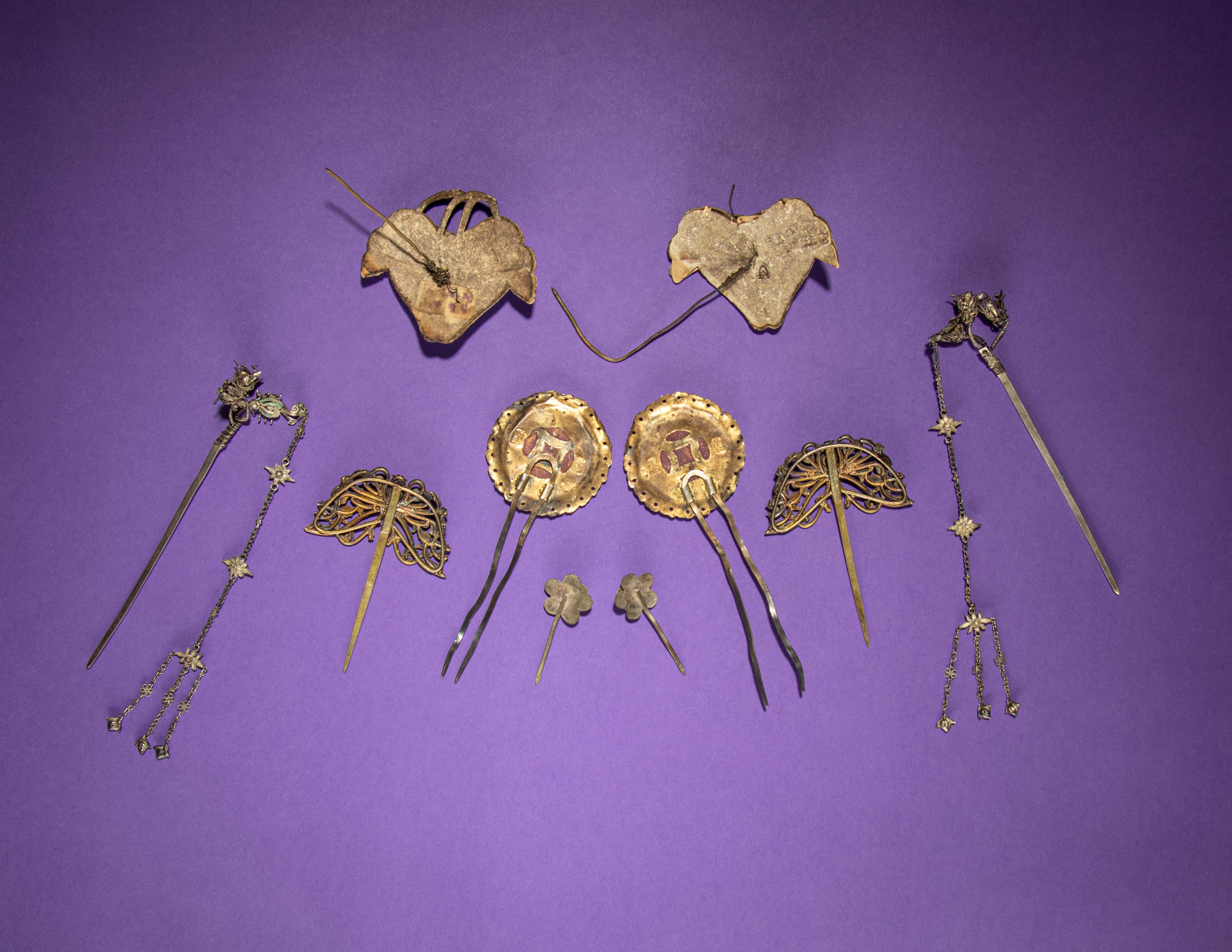 Five Pairs of Kingfisher Feather and Jadeite Embellished Hairpins