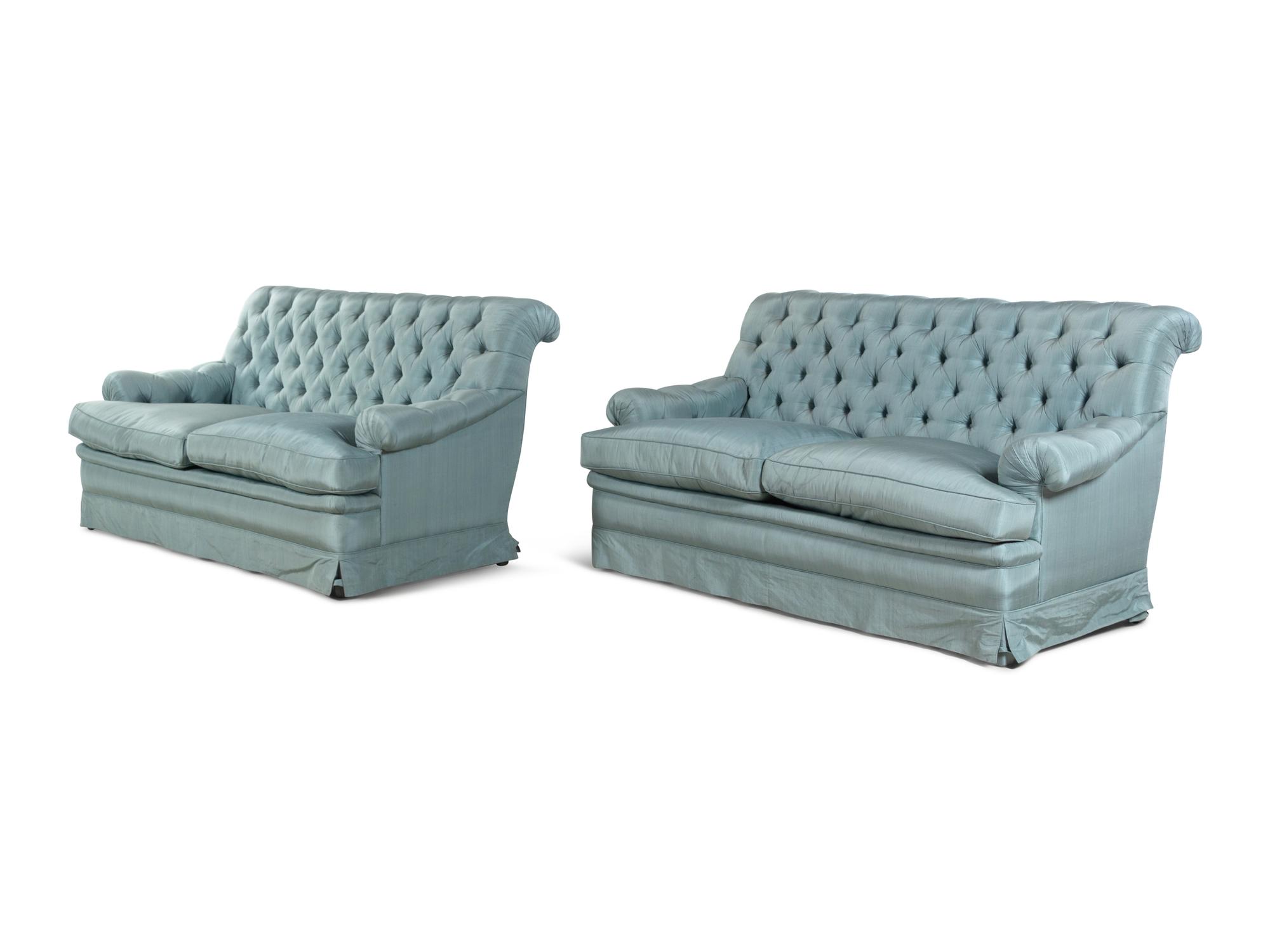 A Pair of Custom French Silk-Upholstered Button Tufted Sofas