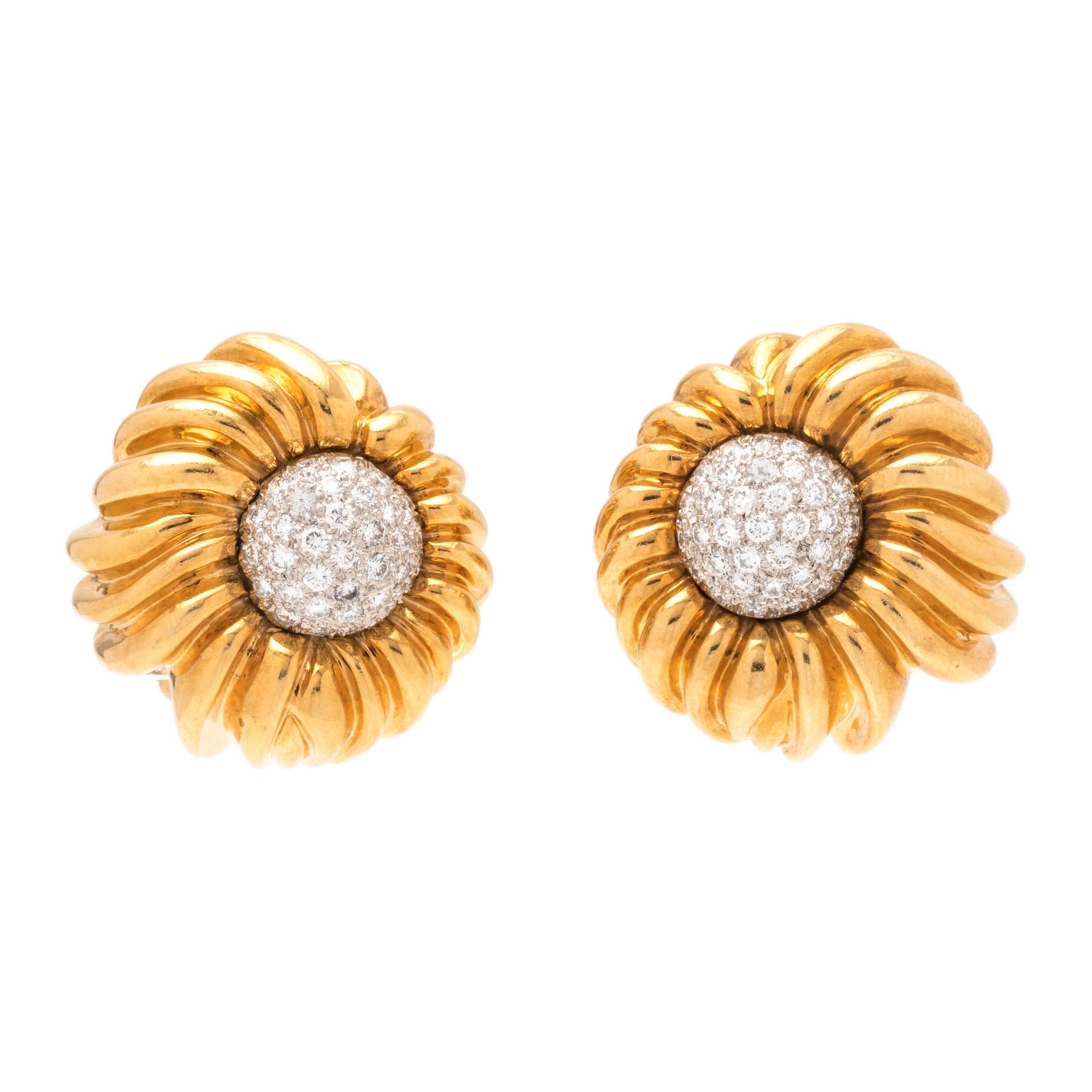 TIFFANY & CO., YELLOW GOLD AND DIAMOND FLOWER EARCLIPS