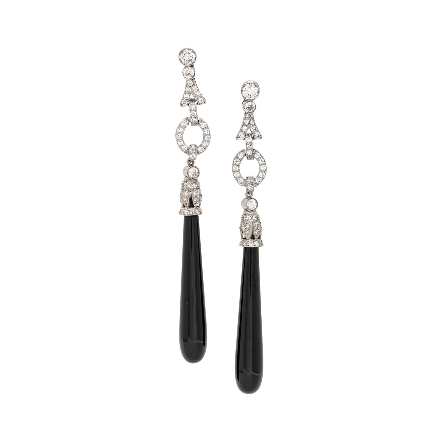 PLATINUM, DIAMOND, AND BLACK OYNX DANGLE EARRINGS