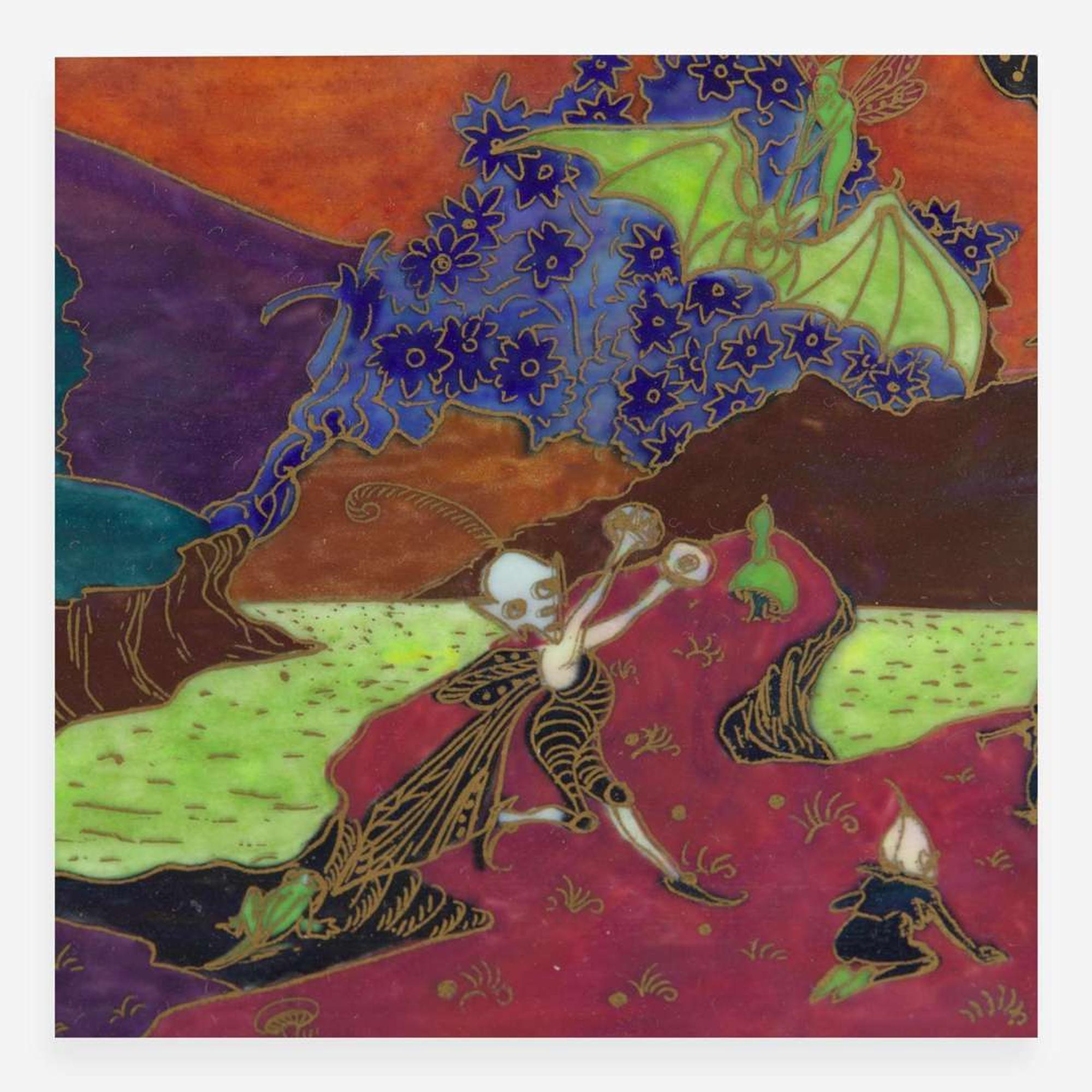 A Wedgwood Fairyland Lustre "Picnic by a River" Plaque UK, circa 1920