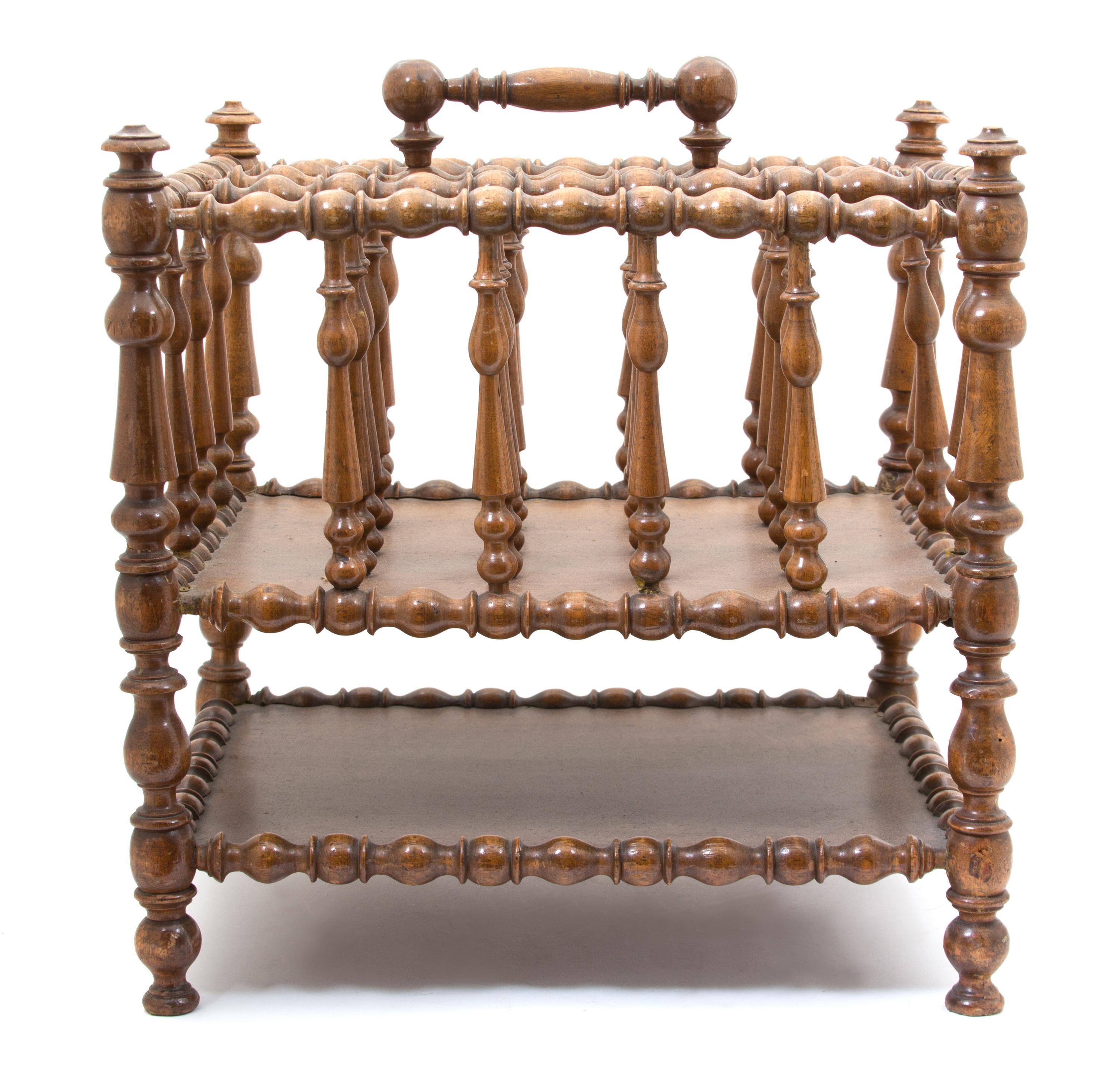 An English Spindle Turned Mahogany Canterbury Height 18 x width 17 1/4 x depth 14 1/2 inches. — 19TH CENTURY
