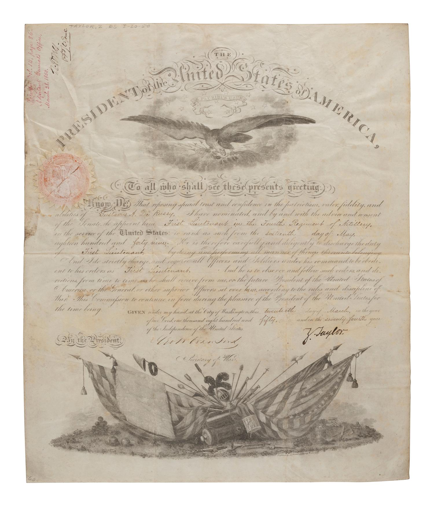 TAYLOR, ZACHARY (1784-1850). Partly-printed military commission for Gustavus De Russy, signed ("Z. Taylor") as President. Washington, DC, 20 March 1850.