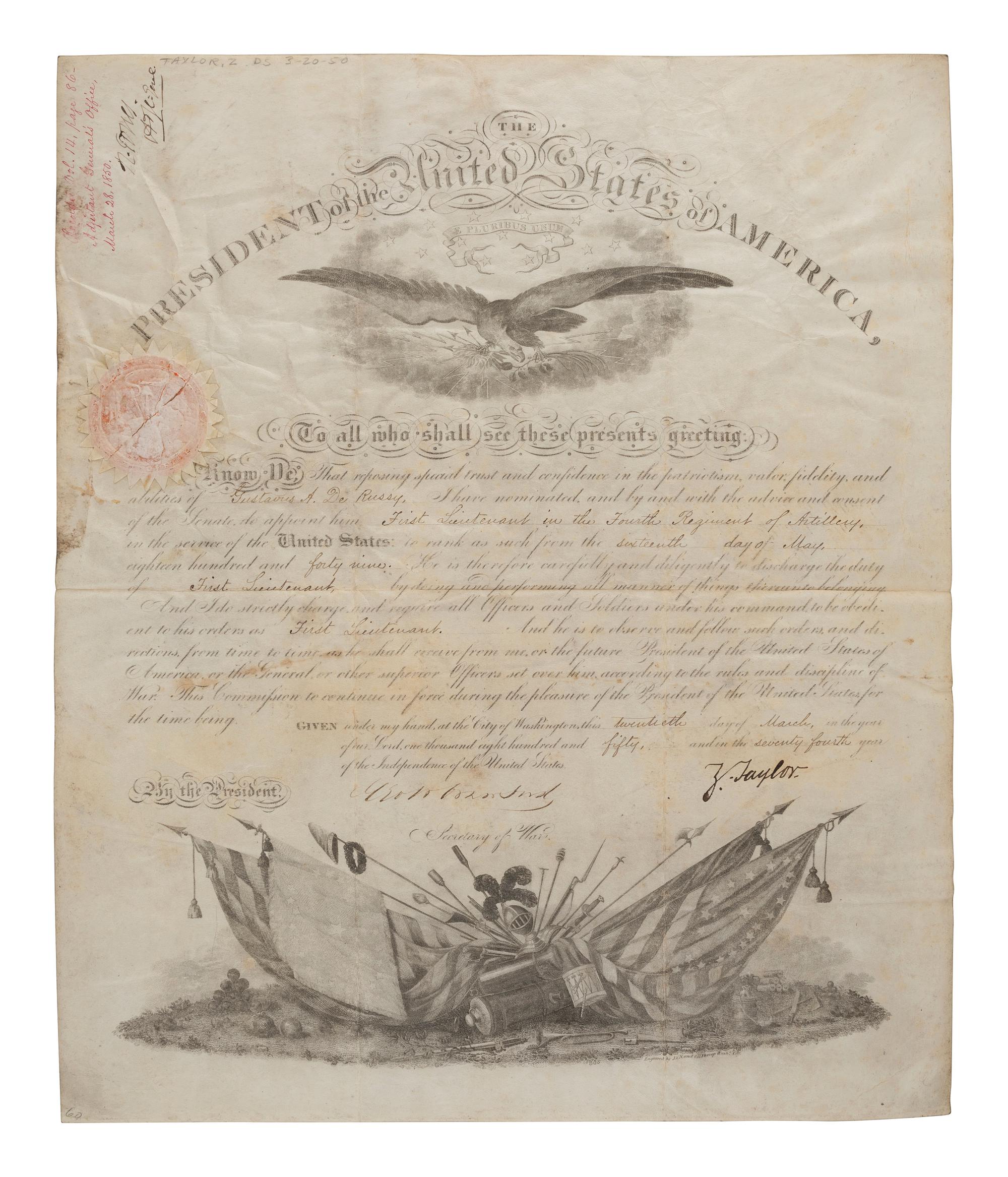 TAYLOR, ZACHARY (1784-1850). Partly-printed military commission for Gustavus De Russy, signed ("Z. Taylor") as President. Washington, DC, 20 March 1850.