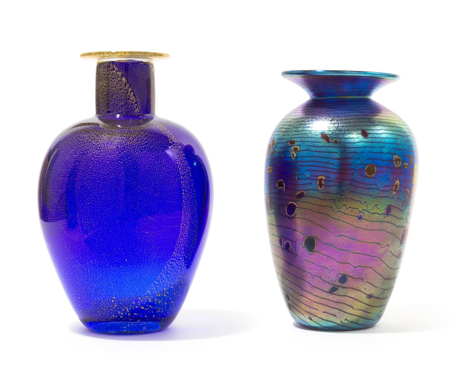 Dick Huss, USA, 2000, a glass vase, together with an unsigned iridescent studio glass vase