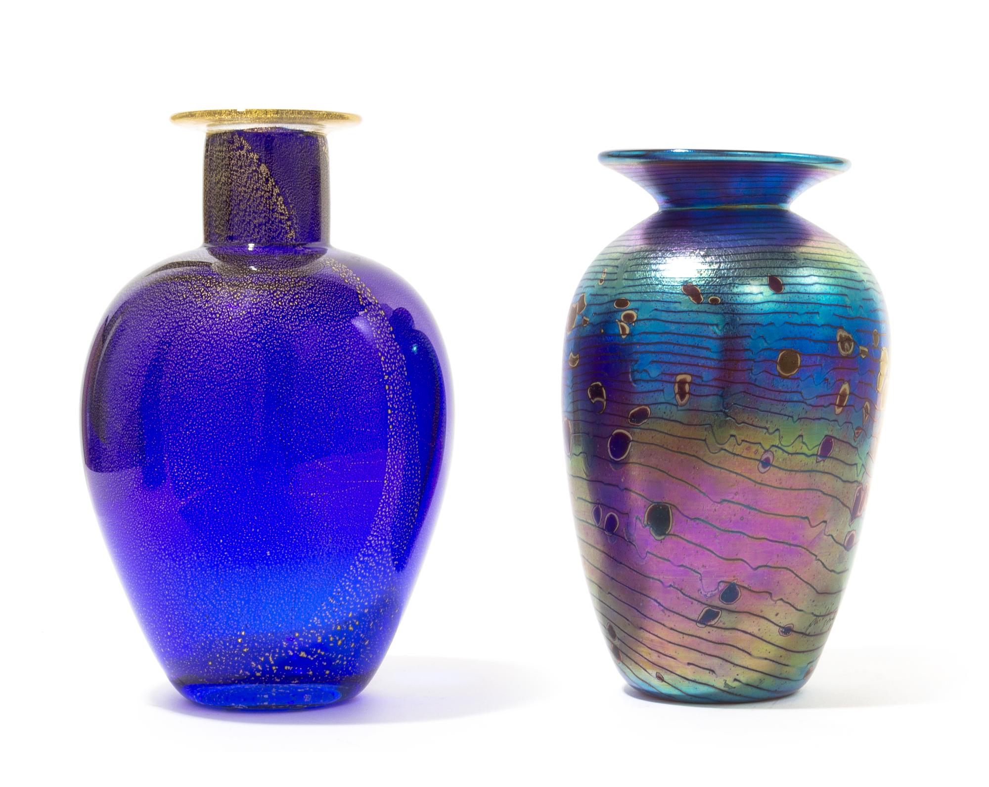 Dick Huss, USA, 2000, a glass vase, together with an unsigned iridescent studio glass vase