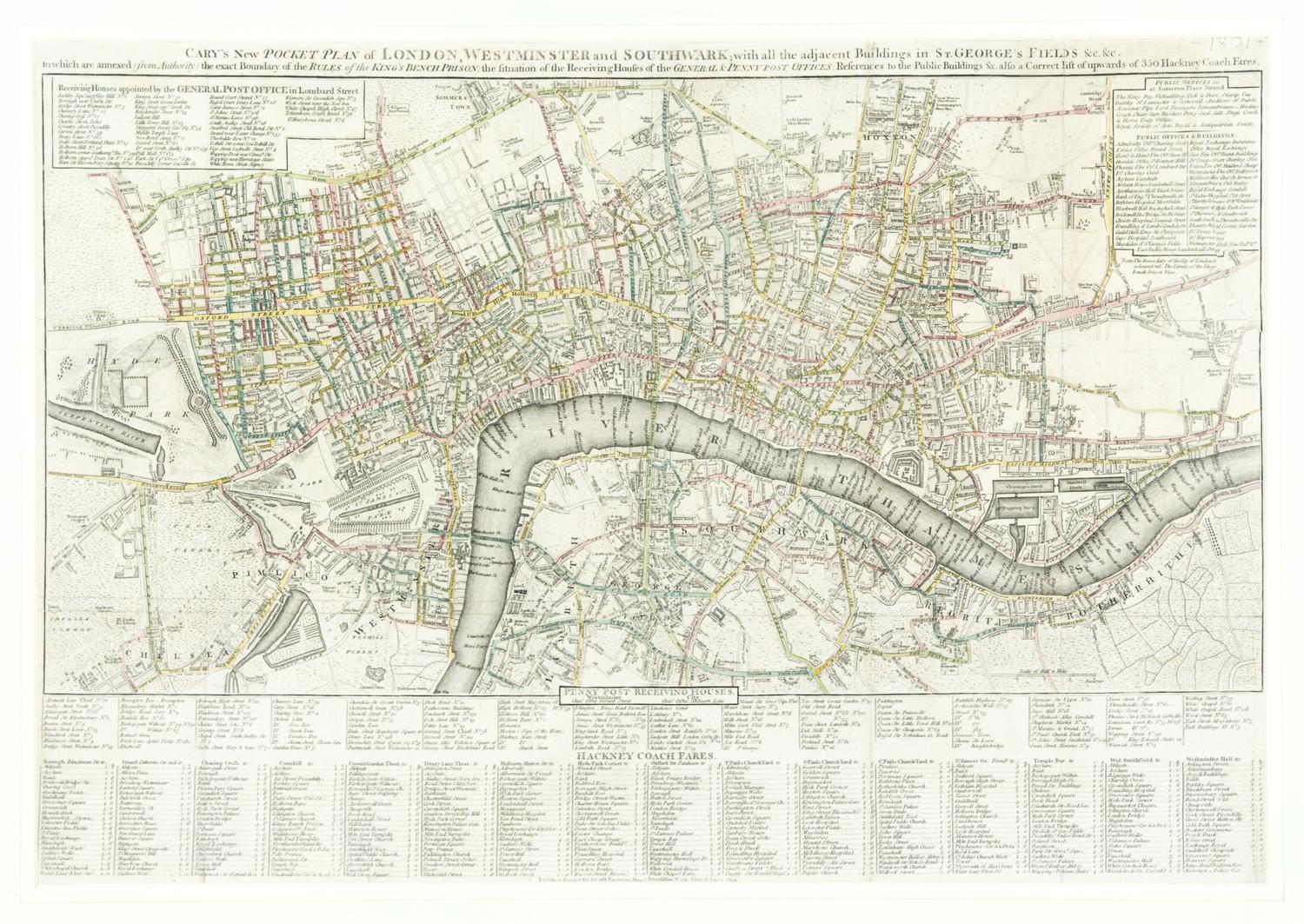 (LONDON) CARY, JOHN. Cary's New Pocket Plan of London... London, 1793. Engraving with hand-coloring of plan of London.