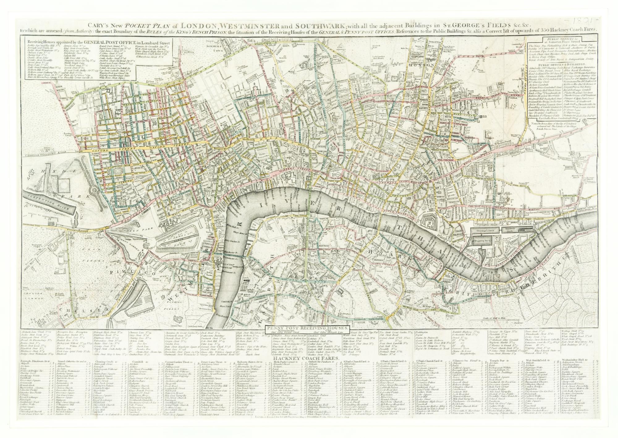 (LONDON) CARY, JOHN. Cary's New Pocket Plan of London... London, 1793. Engraving with hand-coloring of plan of London.