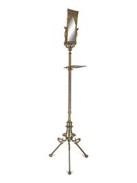 A Victorian Style Cast Brass Shaving Mirror on Adjustable Tripod Floor Stand with Shelf — 19th/20th Century