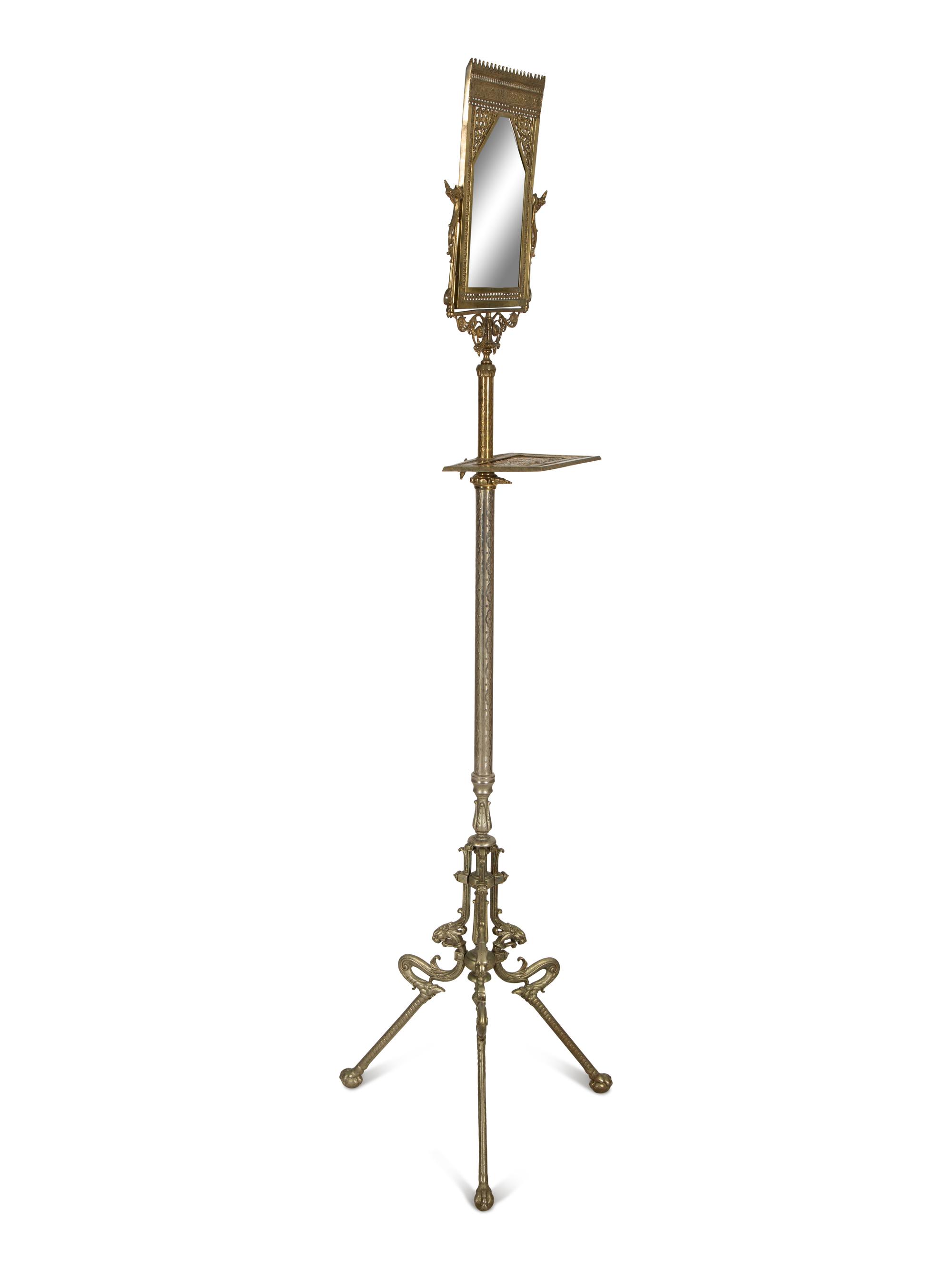A Victorian Style Cast Brass Shaving Mirror on Adjustable Tripod Floor Stand with Shelf — 19th/20th Century