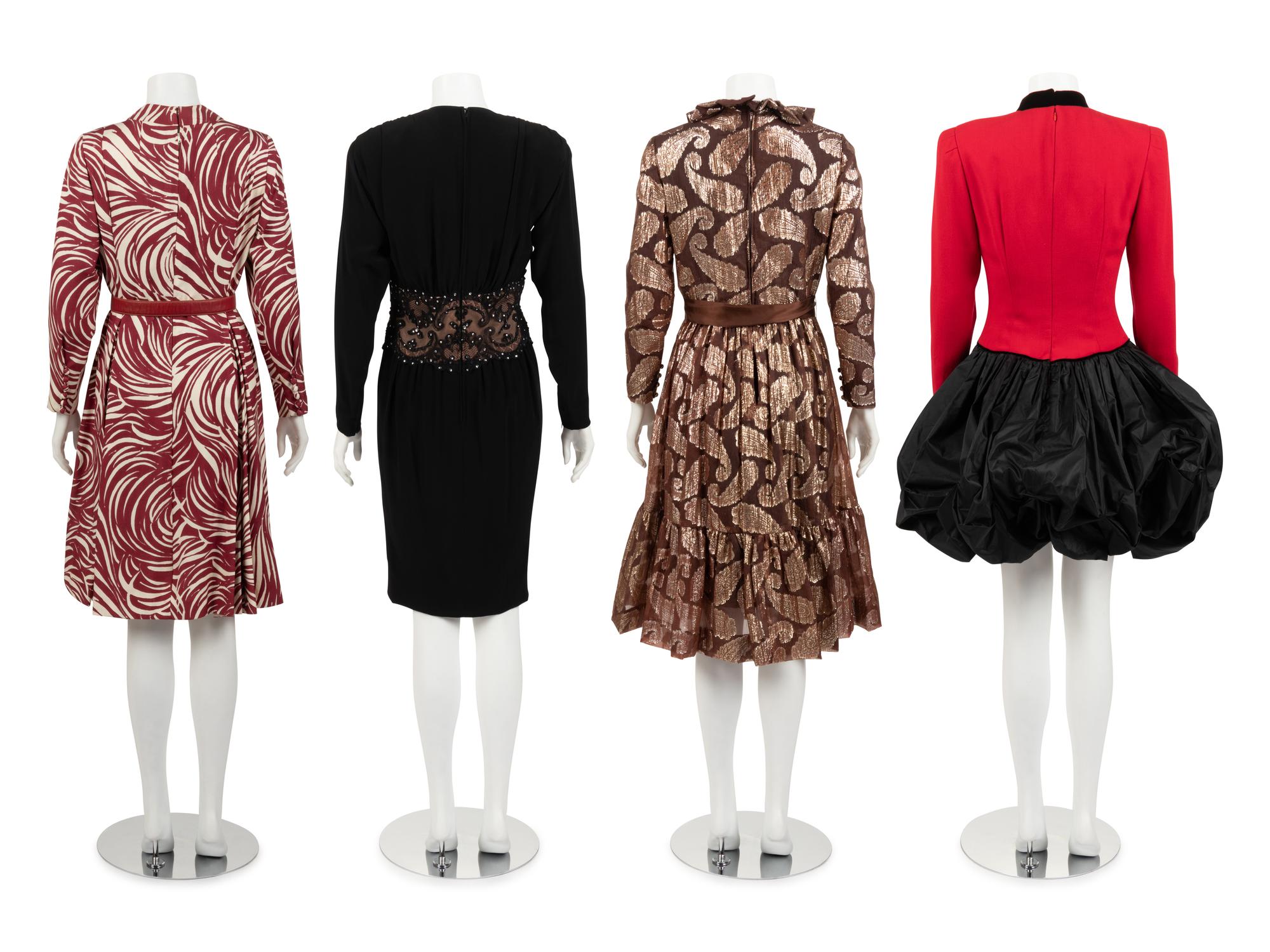 Four Designer Dresses: One Ceil Chapman, One Sam Winston by Roxane, One Bob Mackie, One Carolina Herrera, 1980s