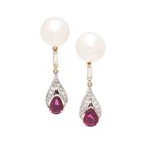 CULTURED SOUTH SEA PEARL, DIAMOND AND SYNTHETIC RUBY EARRINGS