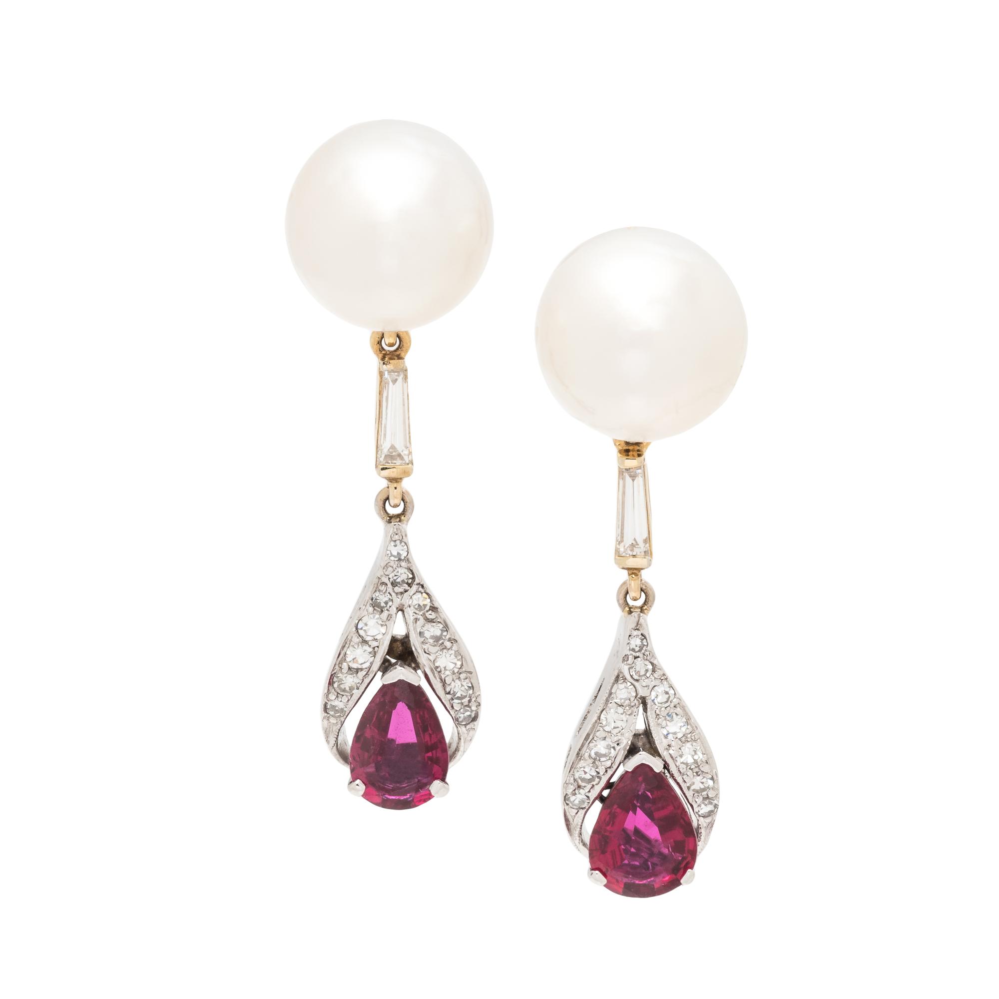 CULTURED SOUTH SEA PEARL, DIAMOND AND SYNTHETIC RUBY EARRINGS