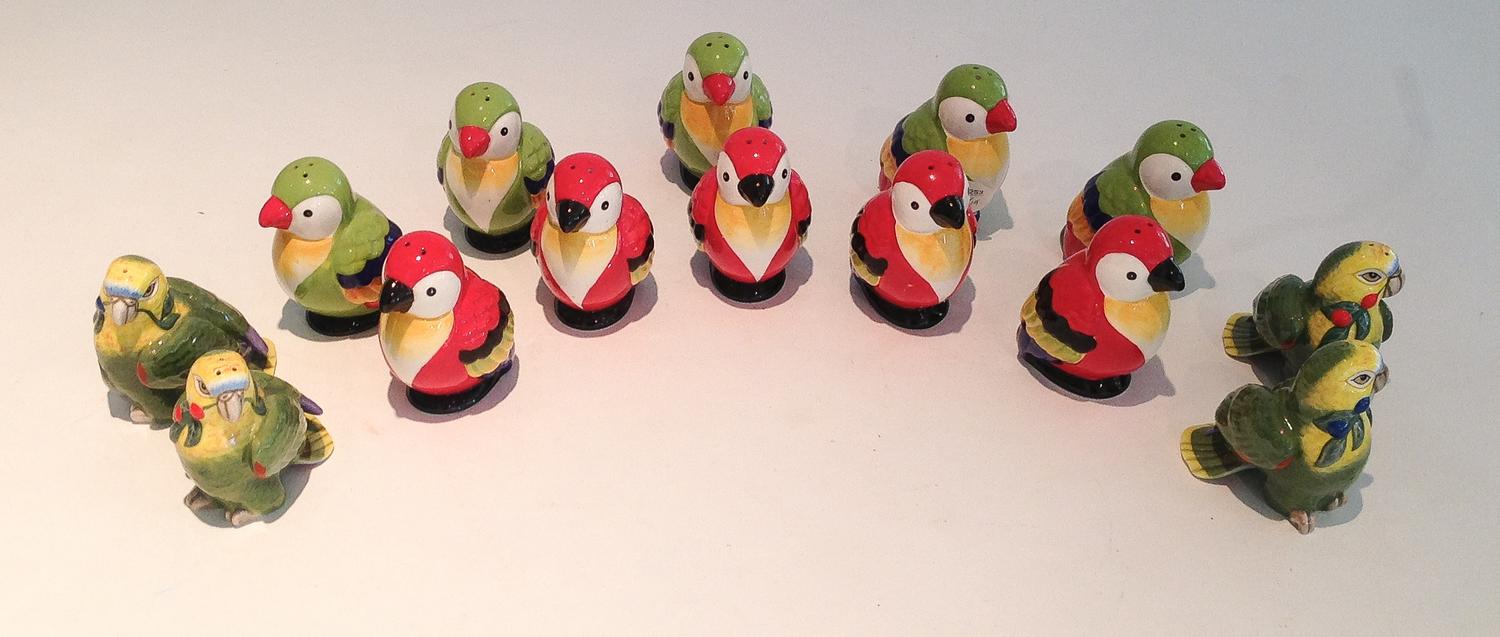 A Collection of Seven Pairs of Parrot-Form Salt and Pepper Shakers
