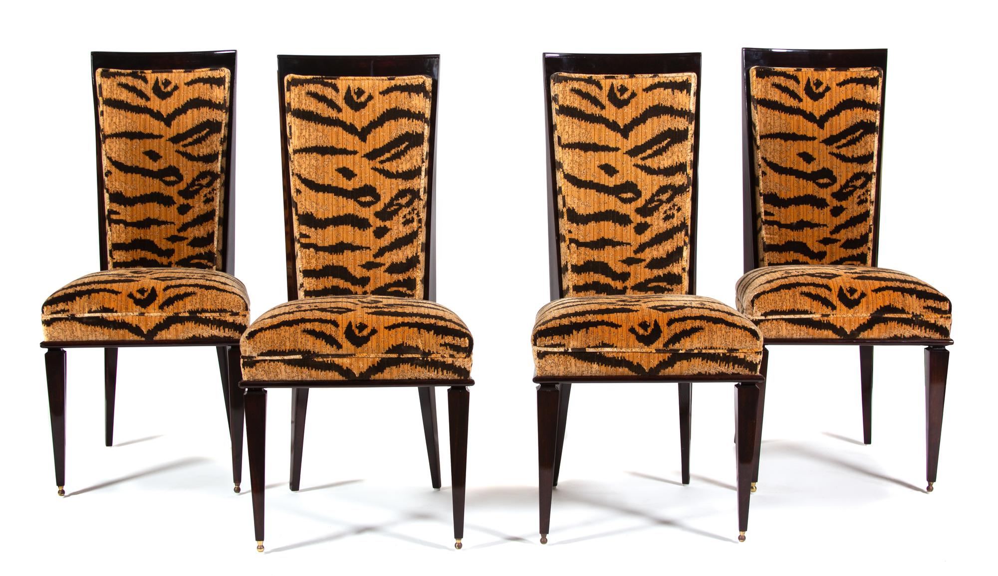 A Set of Four Art Deco Style Black Lacquer Dining Chairs Height 41 x width 19 1/2 x depth 20 1/2 inches. — AFTER JULES LELEU, 20TH CENTURY