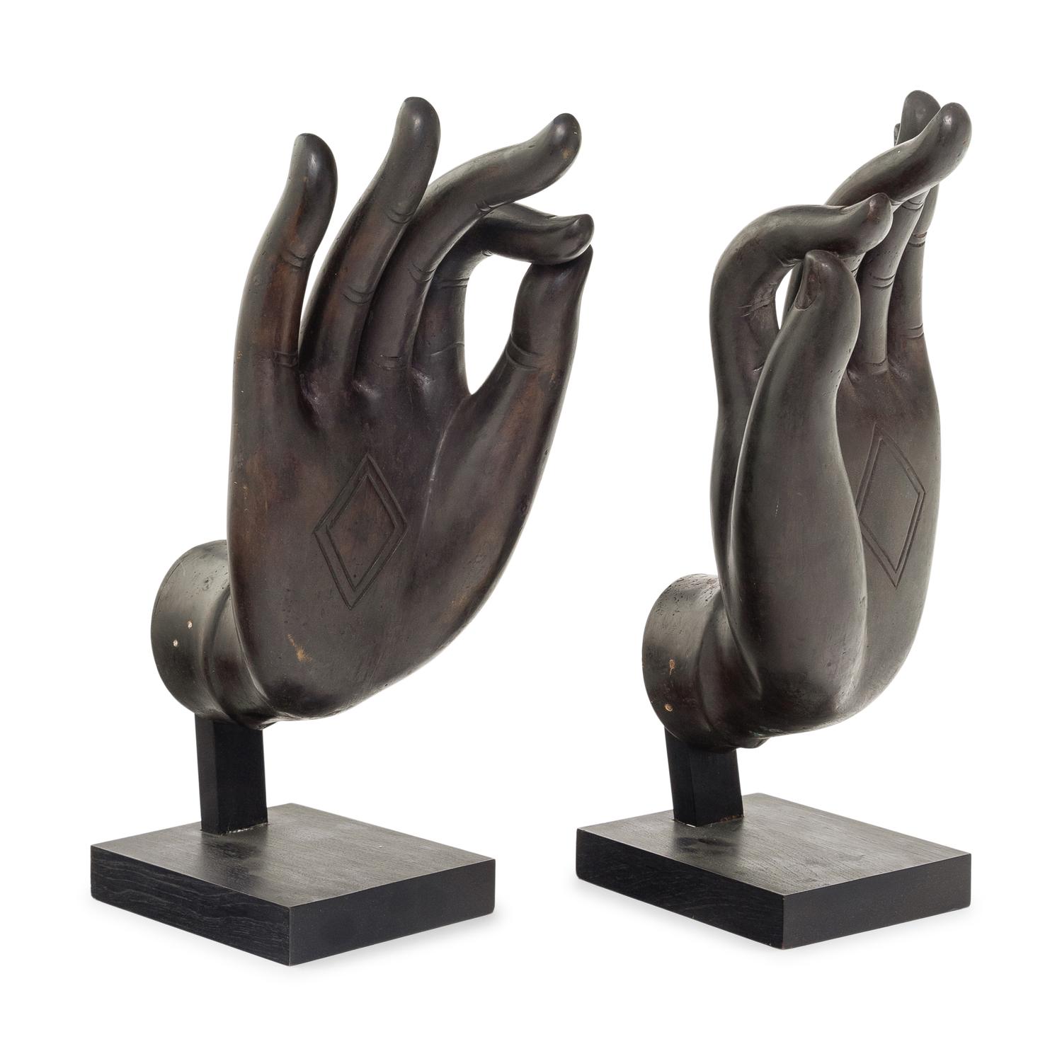 A Large Pair of Chinese Lacquered Bronze Buddha Hands