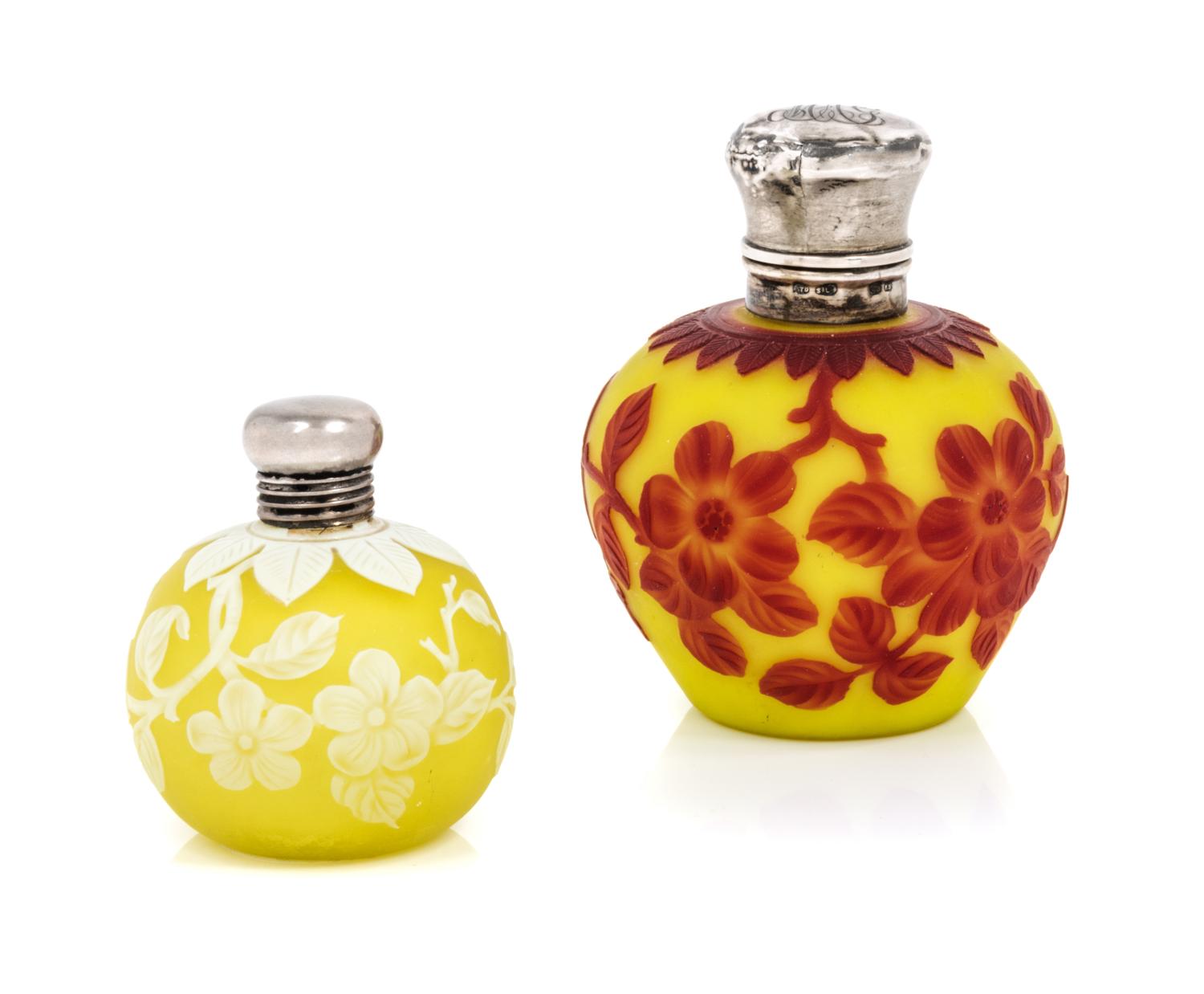 English, LATE 19TH CENTURY, two silver mounted cameo glass perfume bottles, each with floral decoration