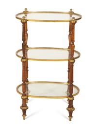 An English Gilt Brass, Walnut and Glass Etagere