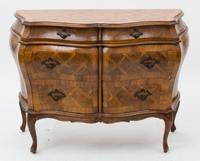 An Italian Bombe Walnut Parquetry Commode Height 32 x width 40 1/2 x depth 7 inches. — 20TH CENTURY