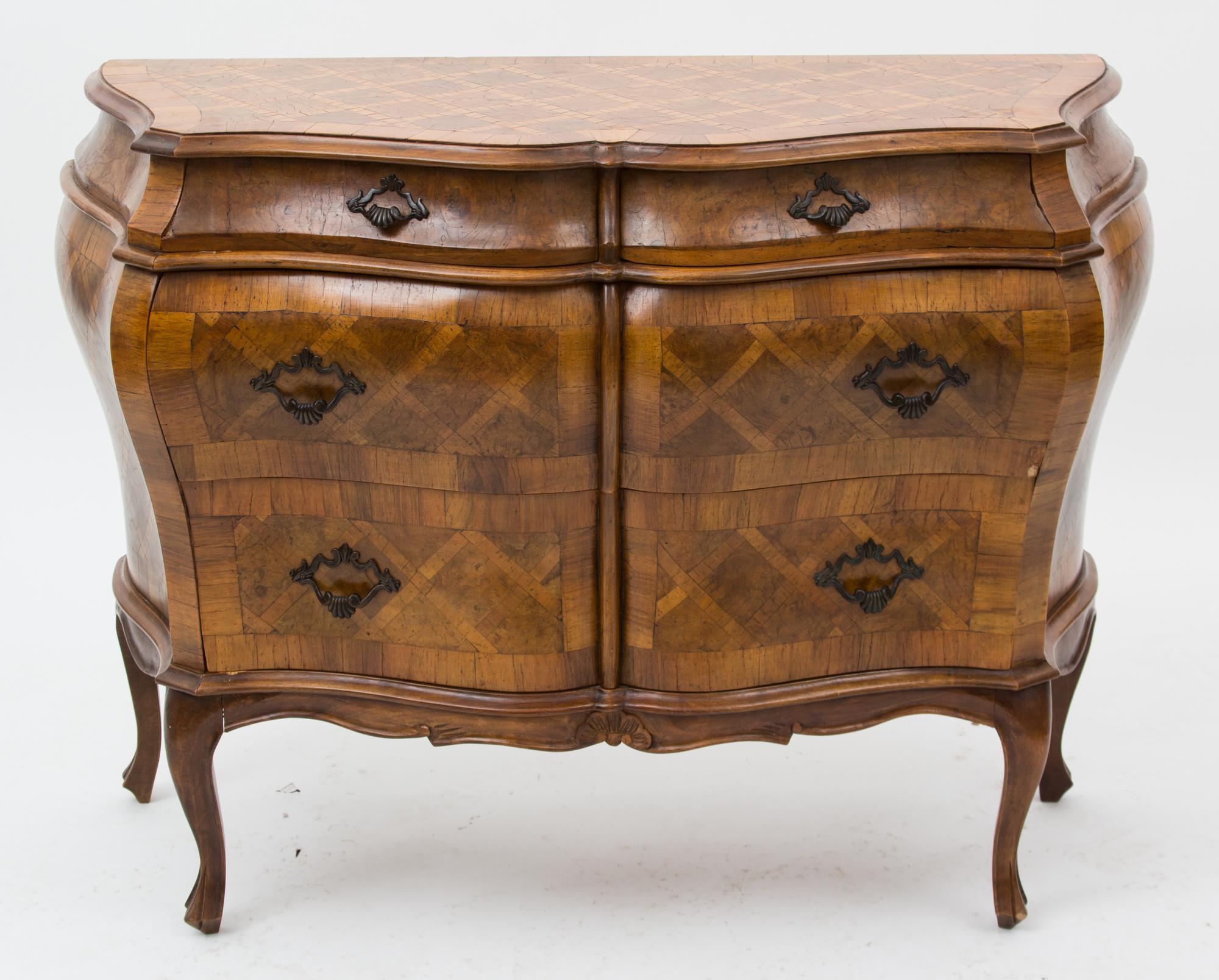 An Italian Bombe Walnut Parquetry Commode Height 32 x width 40 1/2 x depth 7 inches. — 20TH CENTURY