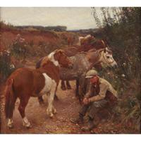 Sir Alfred Munnings (British, 1878–1959) Irish Ponies in a Grassy Lane