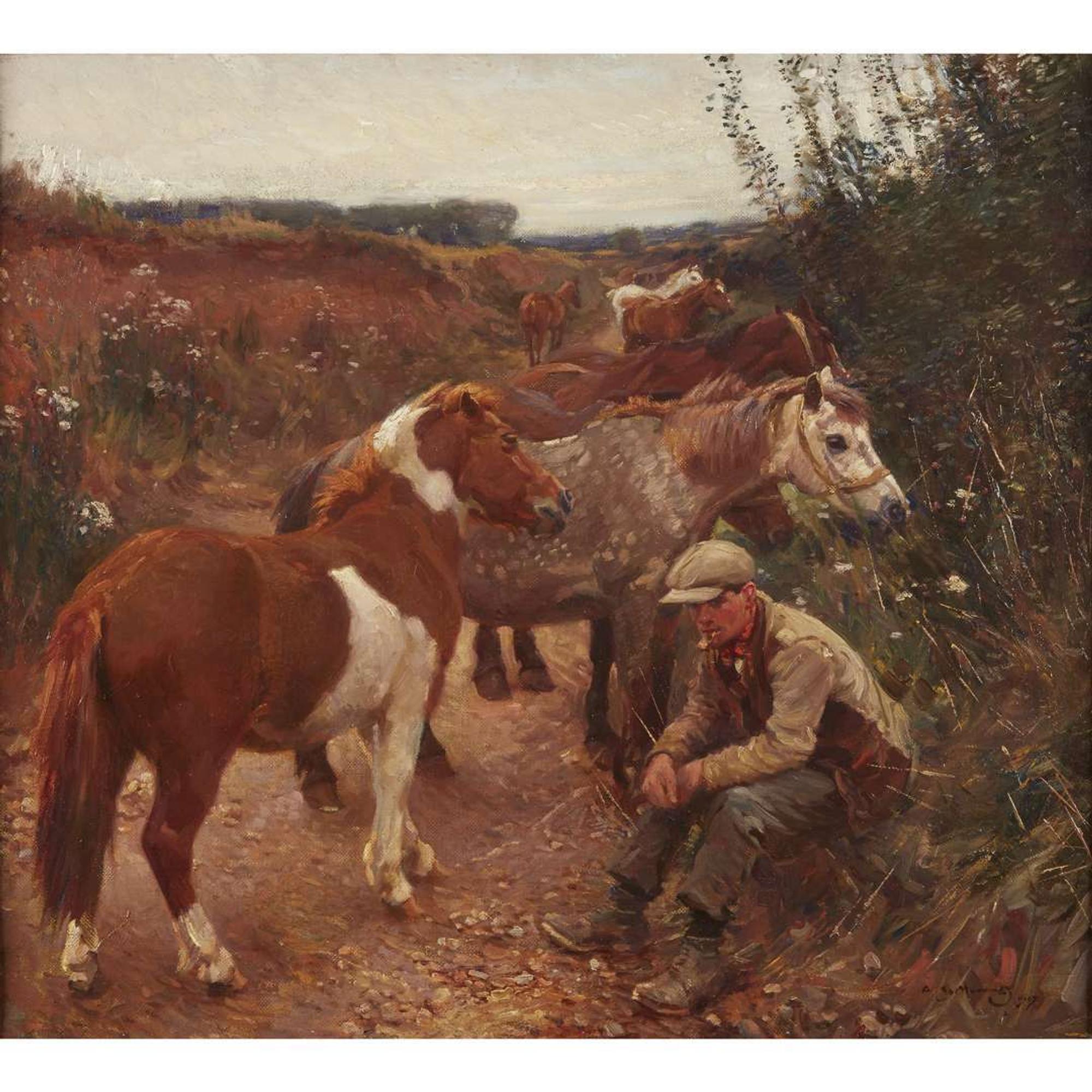 Sir Alfred Munnings (British, 1878–1959) Irish Ponies in a Grassy Lane