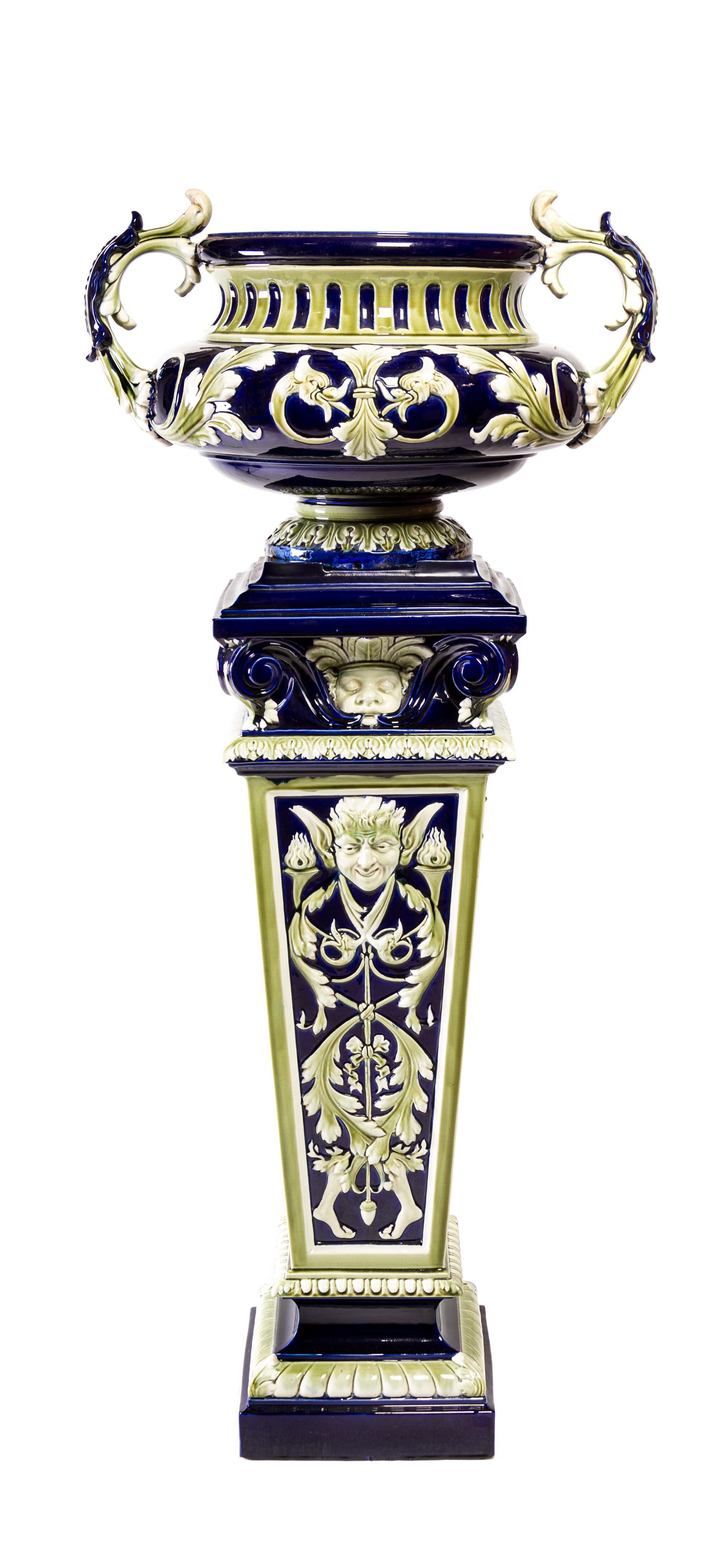 A Majolica Jardiniere and Pedestal Height 54 1/4 inches. — LATE 19TH CENTURY