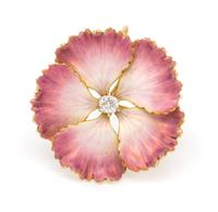 An Art Nouveau Yellow Gold, Polychrome Enamel and Diamond Flower Brooch, Krementz & Co., 4.00 dwts.