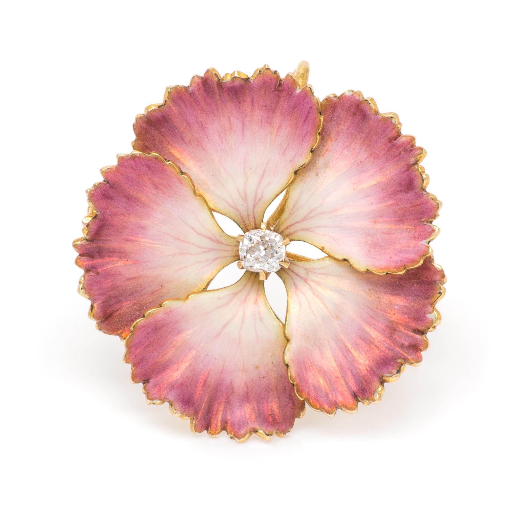 An Art Nouveau Yellow Gold, Polychrome Enamel and Diamond Flower Brooch, Krementz & Co., 4.00 dwts.