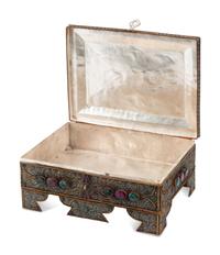 A Silvered Metal Filigree, Ruby and Emerald Table Casket