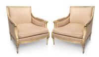 A Pair of Louis XVI Style Carved and Painted Bergeres — 20TH CENTURY