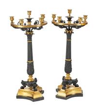 A Pair of Empire Style Parcel-Gilt and Patinated Bronze Five-Light Candelabra