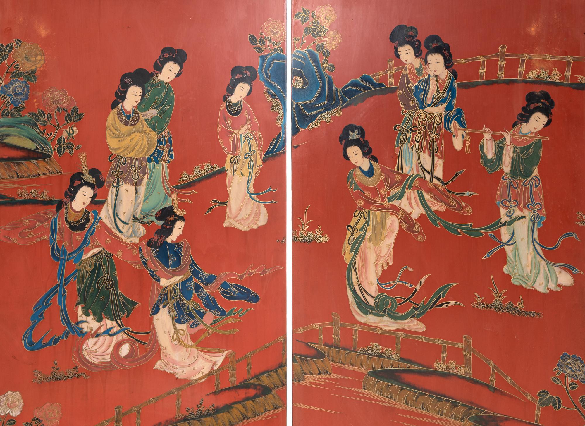 A Chinese Painted and Red Lacquered Four-Panel Floor Screen