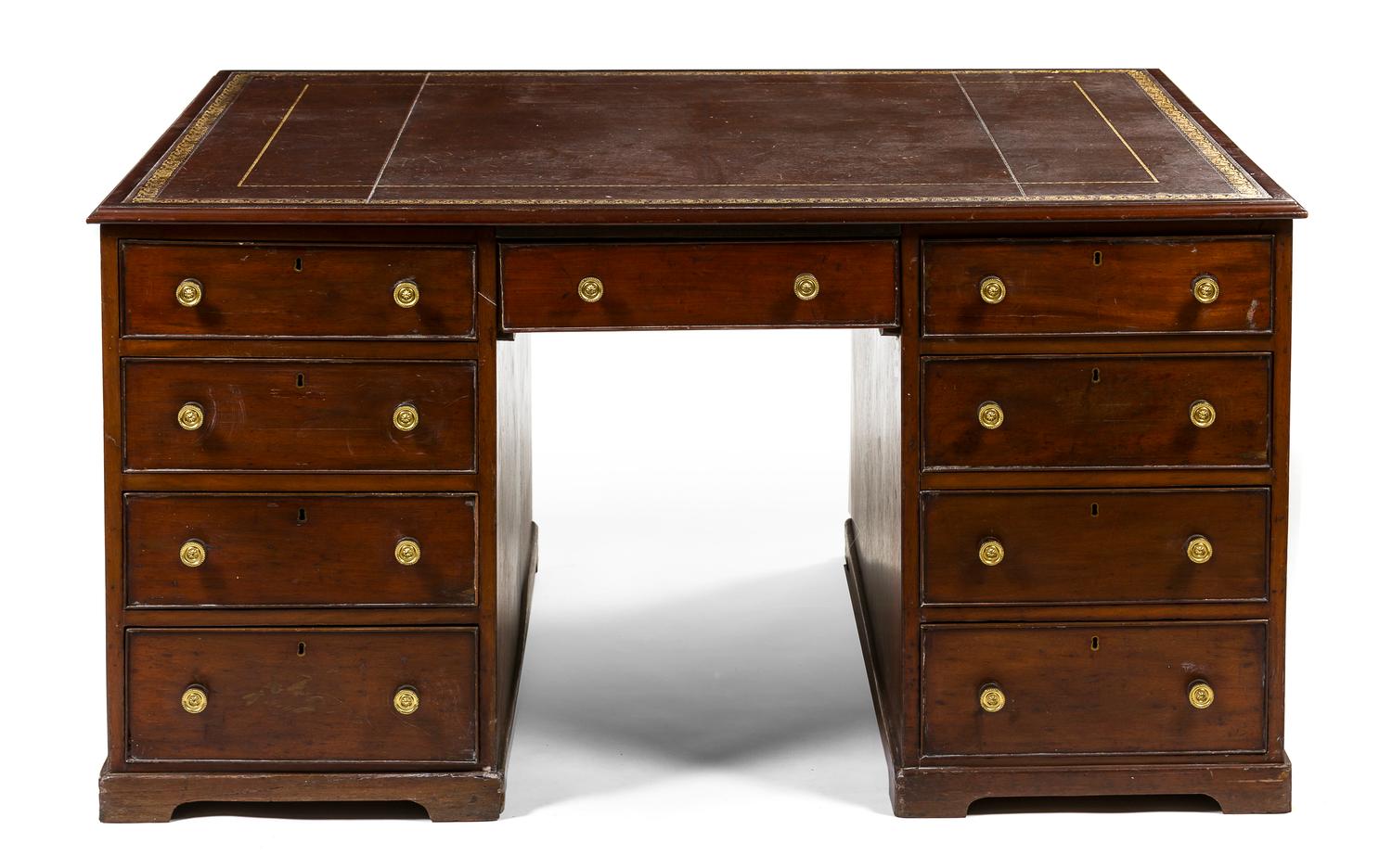 A George III Mahogany Partner's Pedestal Desk, Height 31 x width 60 x depth 47 inches.