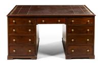 A George III Mahogany Partner's Pedestal Desk, Height 31 x width 60 x depth 47 inches.
