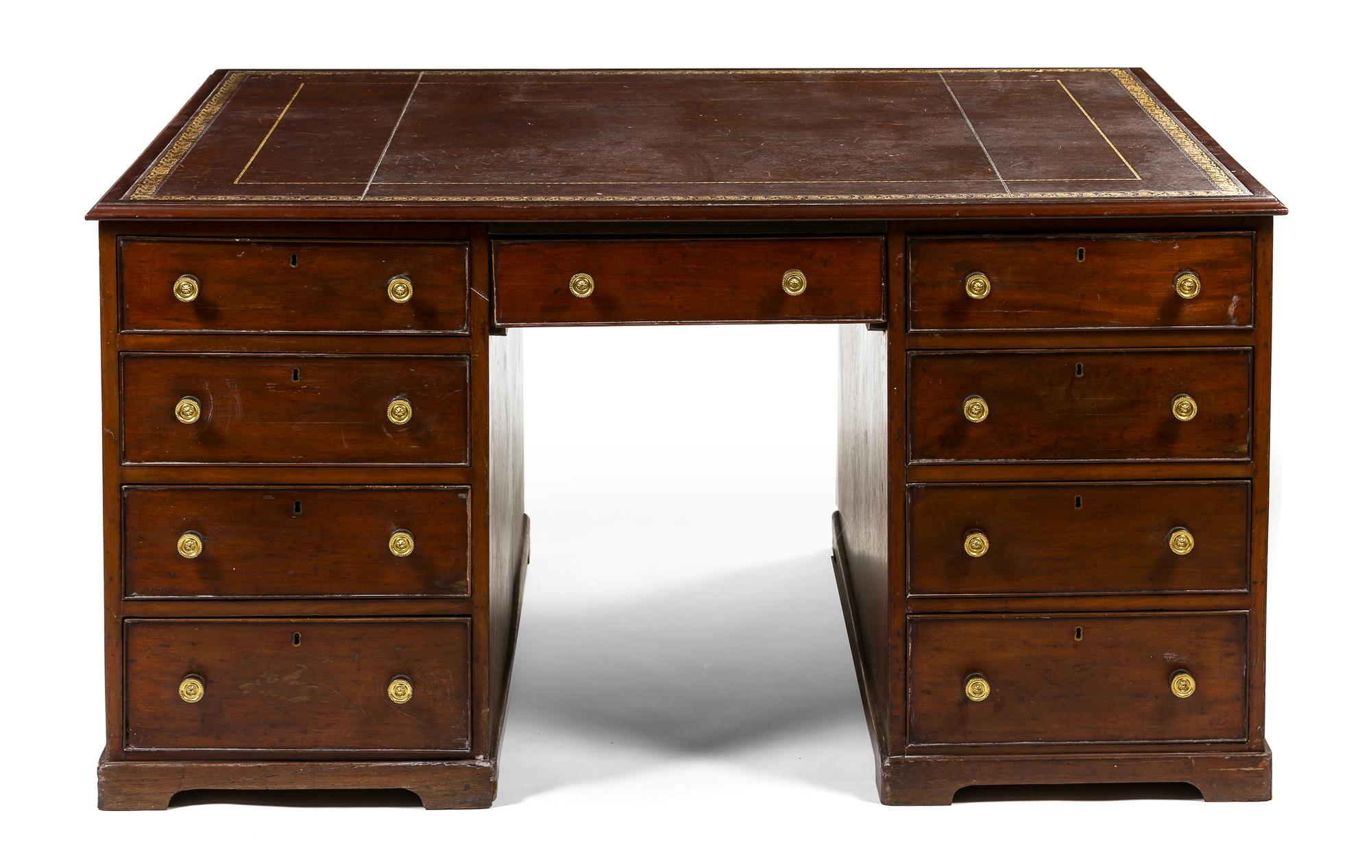 A George III Mahogany Partner's Pedestal Desk, Height 31 x width 60 x depth 47 inches.