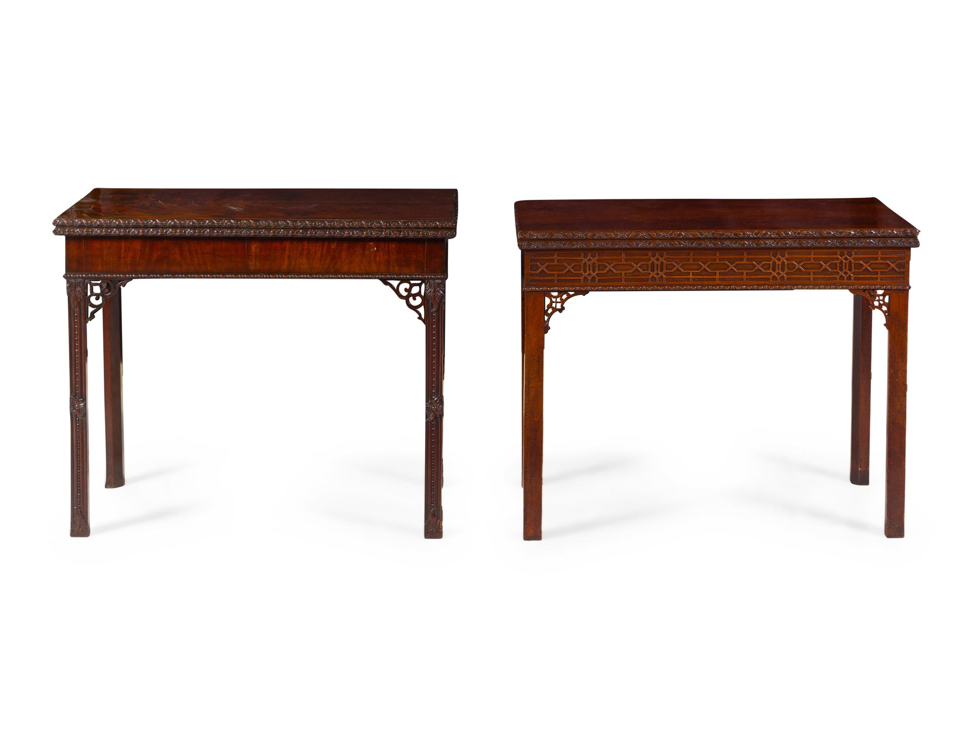 Two Chinese Chippendale Carved and Figured Mahogany Game Tables